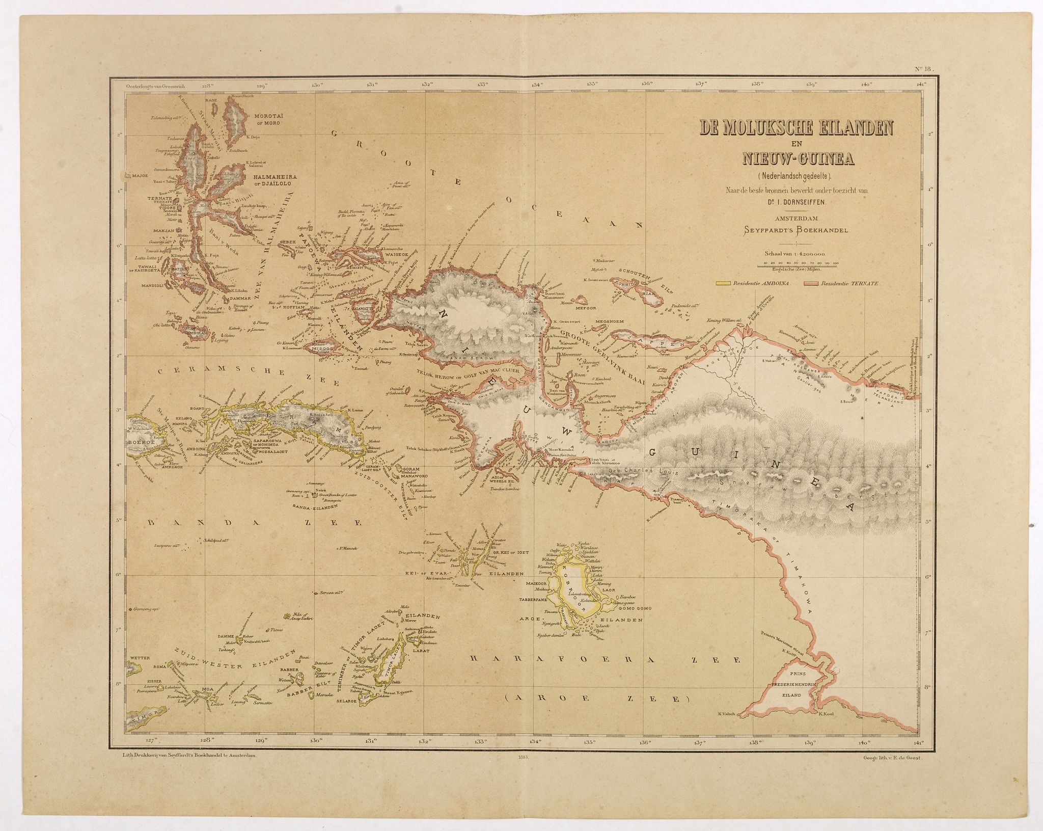DORNSEIFFEN, I., De Moluksche eilanden en Nieuw-Guinea (Nederlandsch gedeelte) . . . schaal van 1:4200000., antique map, old maps