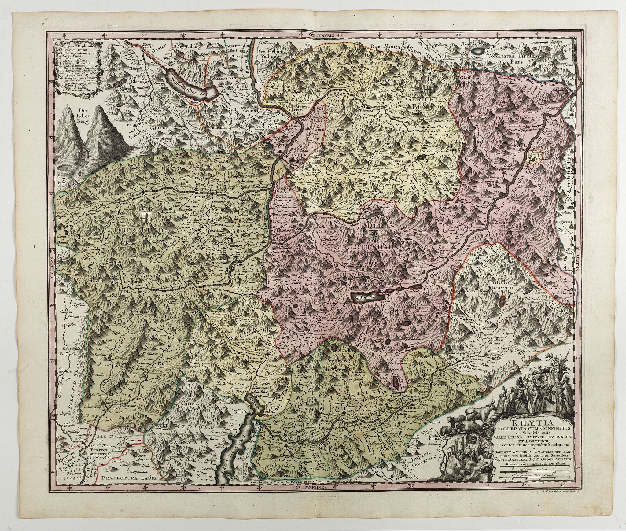SEUTTER, M., RHAETIA Foederata cum Confinibus et Subditis suis VALLE TELINA, COMITATU CLAVENNENSI ET BORMIENSI...delineata ˆ Gabriele Walzero.., antique map, old maps