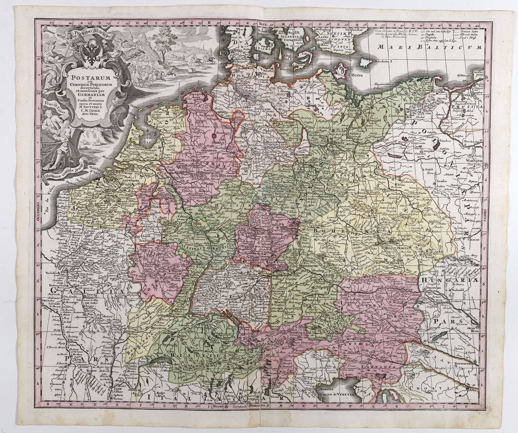 SEUTTER, M., Postarum seu cursorum publicorum diverticula et mansiones per Germaniam et confin. Provincias, opera et manu M. Seutteri. . ., antique map, old maps