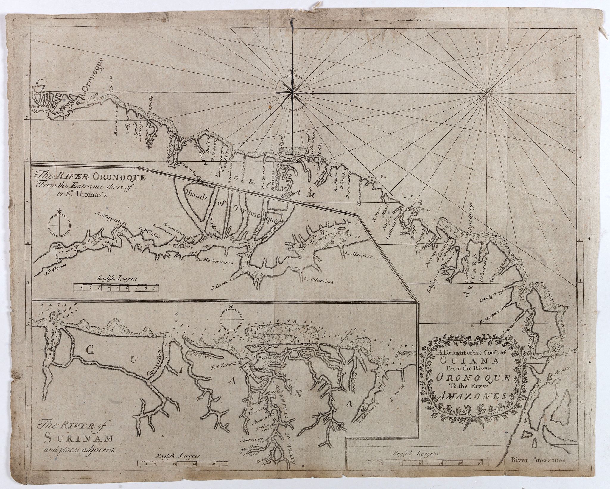 MOUNT & PAGE / BOULTER GRIERSON, A Draught of the Coast of GUIANA From the River Oronoque To the River Amazones., antique map, old maps