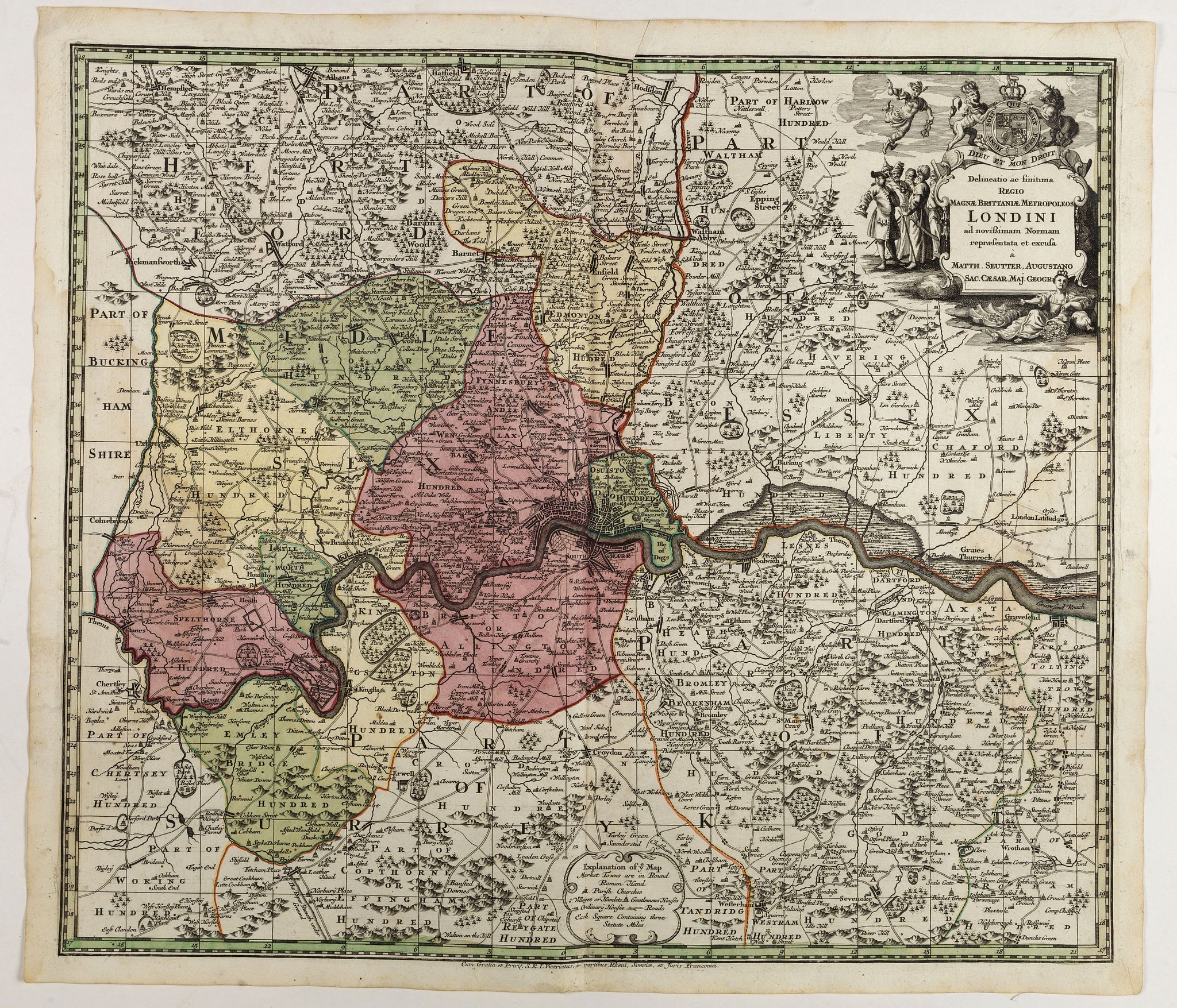 SEUTTER, M., Delineatio ac finitima Regio Londini., antique map, old maps