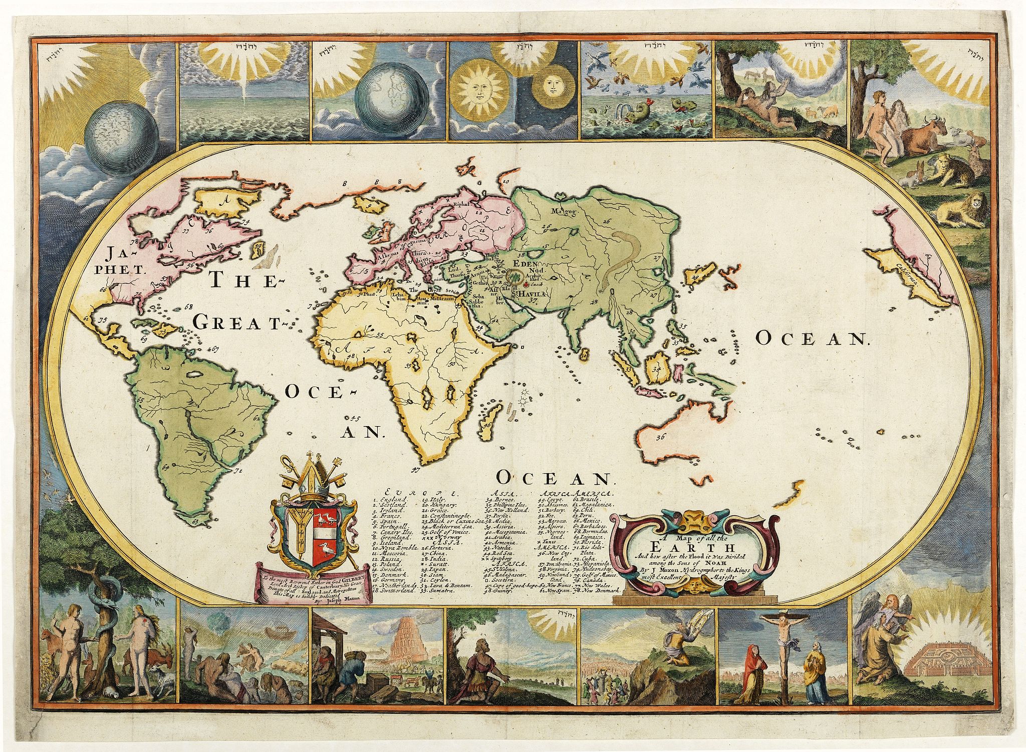 MOXON, J., A Map of all the Earth and how after the Flood it was Divided among the Sons of Noah. . ., antique map, old maps