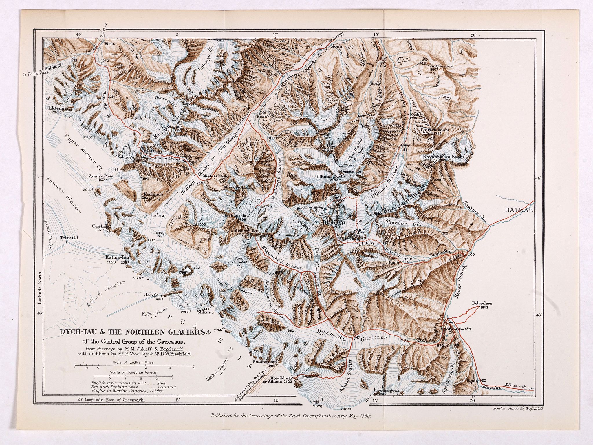 ROYAL GEOGRAPHICAL SOCIETY, Dych-Tau & the Northern Glaciers of the Central Group of the Caucasus from surveys by M.M.Jukoff & Bogdanoff. . ., antique map, old maps