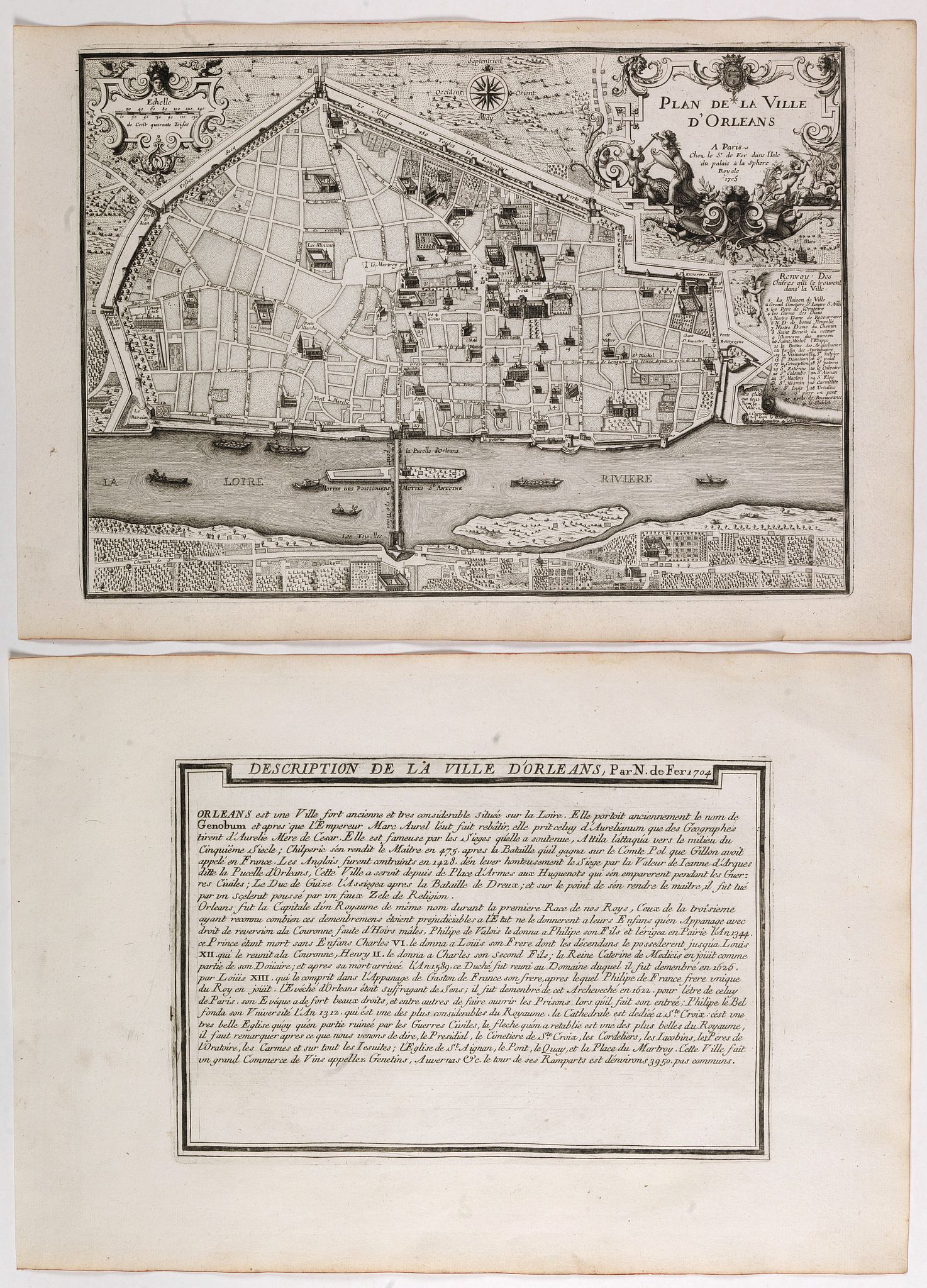 DE FER, N., Plan de ville d'Orléans., antique map, old maps