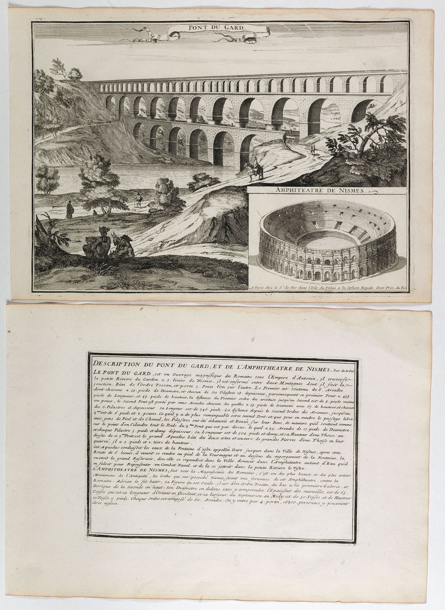 DE FER, N., Pont du Gard / Amphiteatre de Nismes., antique map, old maps