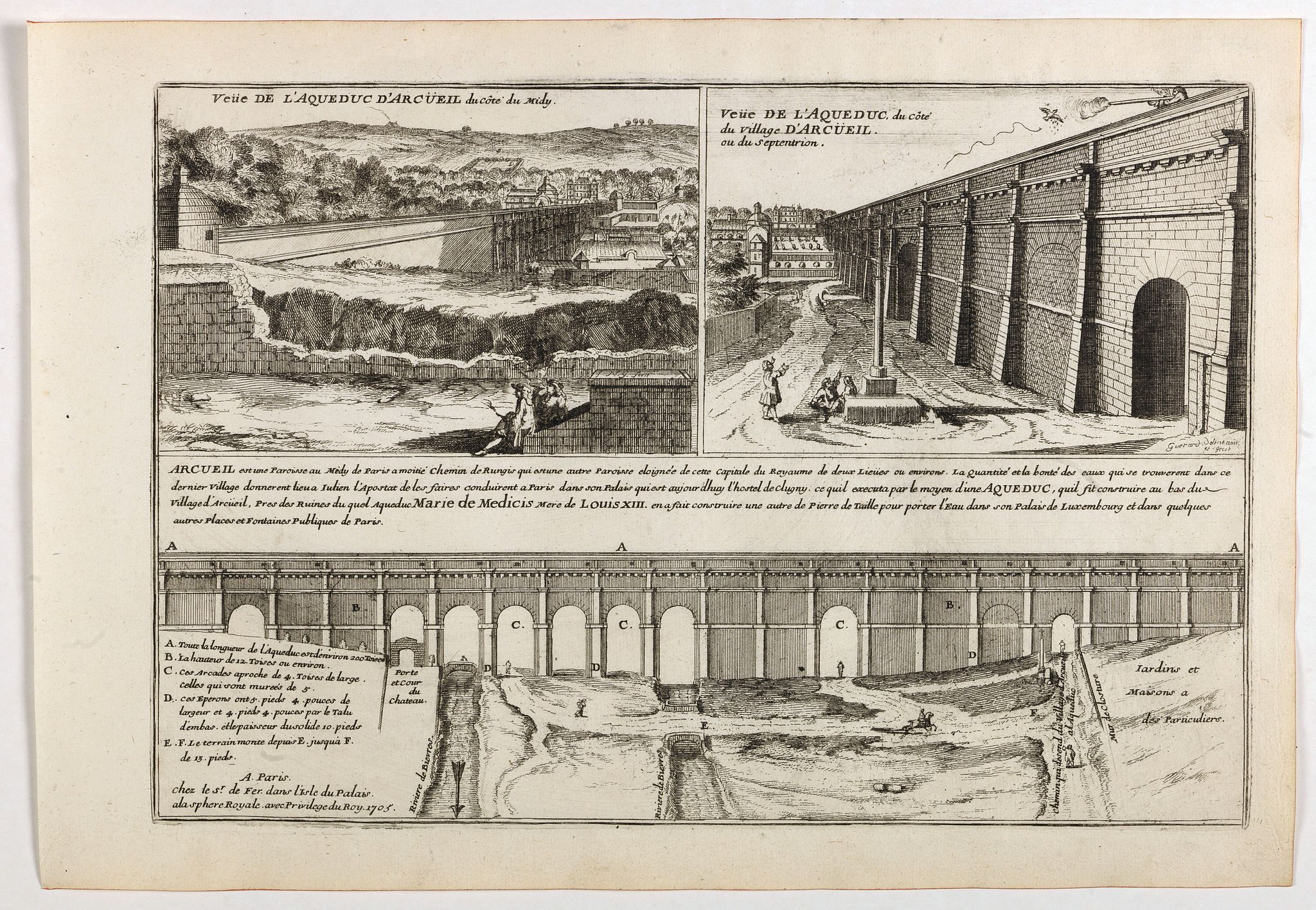 DE FER, N., Veüe de l'Aqueduc d'Arcüeil du côté du Midy / Veüe de l'Aqueduc, du côté du village d'Arcueil, ou du Septentrion . . ., antique map, old maps