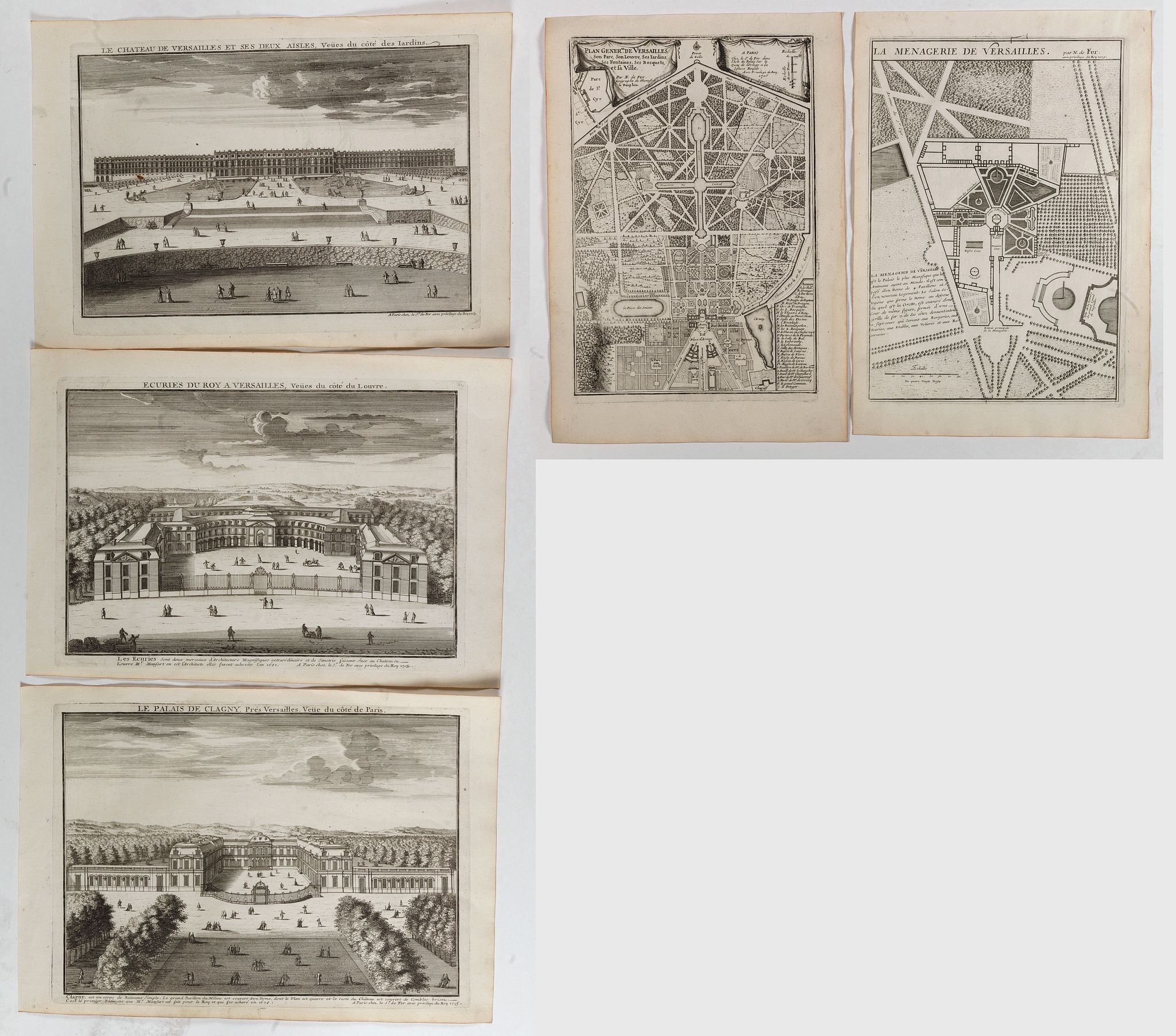 DE FER, N., Le Château de Versailles et ses deux aisles, Veües du côté des jardins / Ecuries du Roy a Versailles, veües du côté Louvre / Le Palais de Clagny, près Versailles, Veüe du côté de Paris / La Menagrie de Versailles / Plan du Palais de Trianon / . . ., antique map, old maps