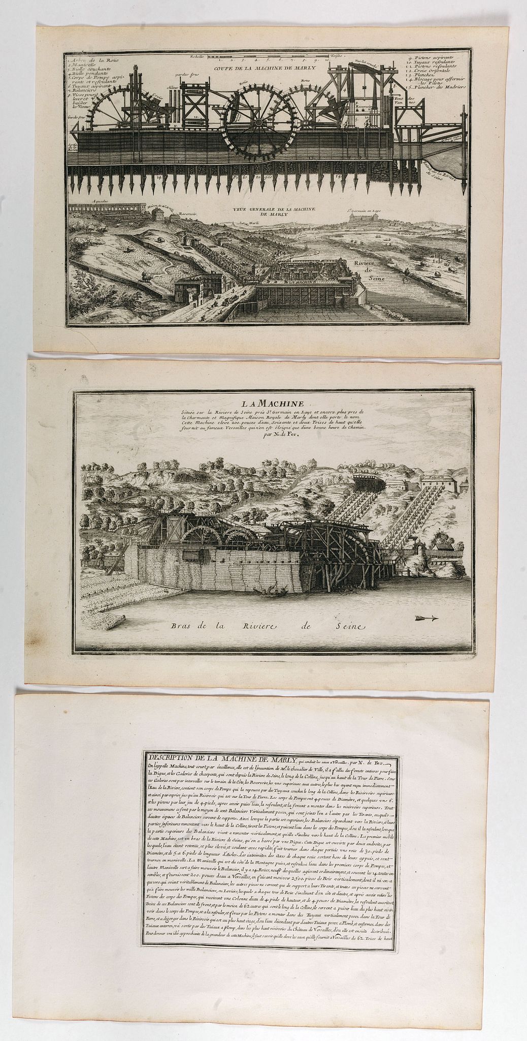 DE FER, N., Coupe de la Machine de Marly / Veüe general de la Machine de Marly. (2 plates with text sheet), antique map, old maps