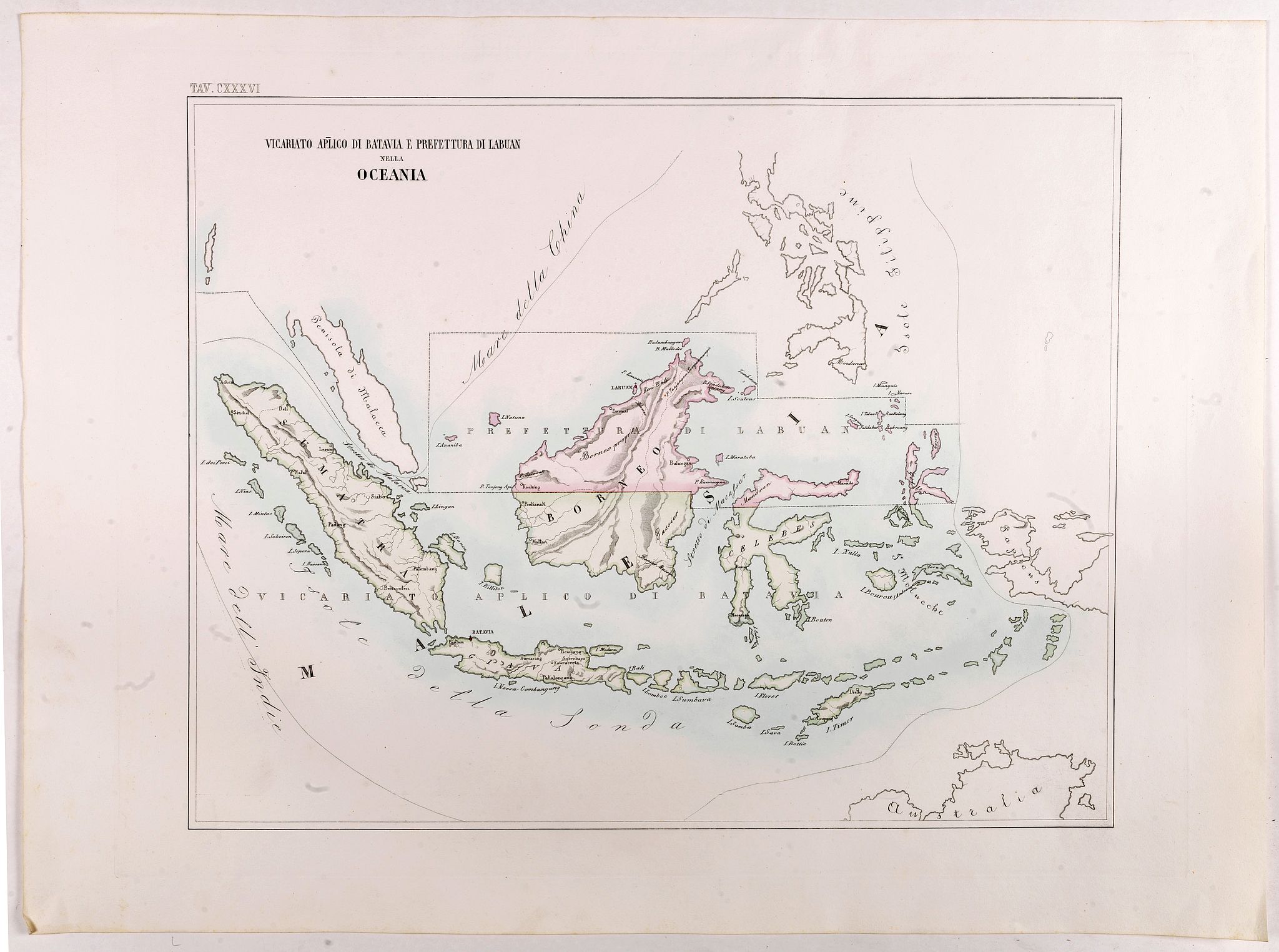 PETRI, G., Vicariato aplico di Bataviaa E prefettura di Labuan nella Oceania., antique map, old maps