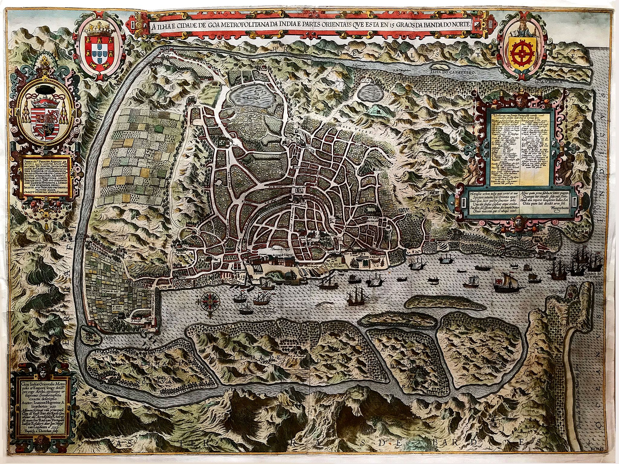 VAN LINSCHOTEN, J.H., A ilhae cidade de Goa metropolitanada Indiae. . ., antique map, old maps
