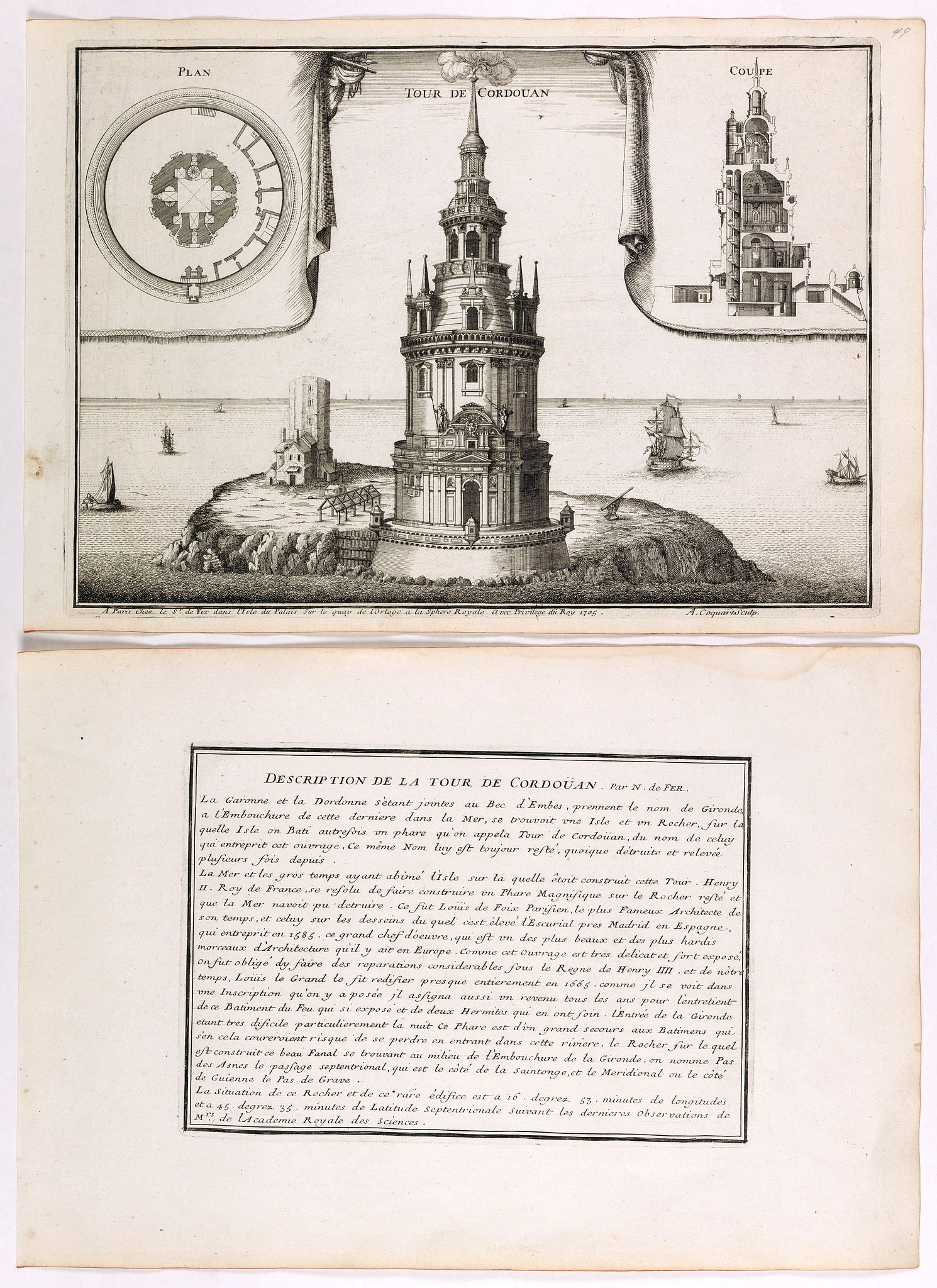 DE FER, N., Tour de Cordouan., antique map, old maps