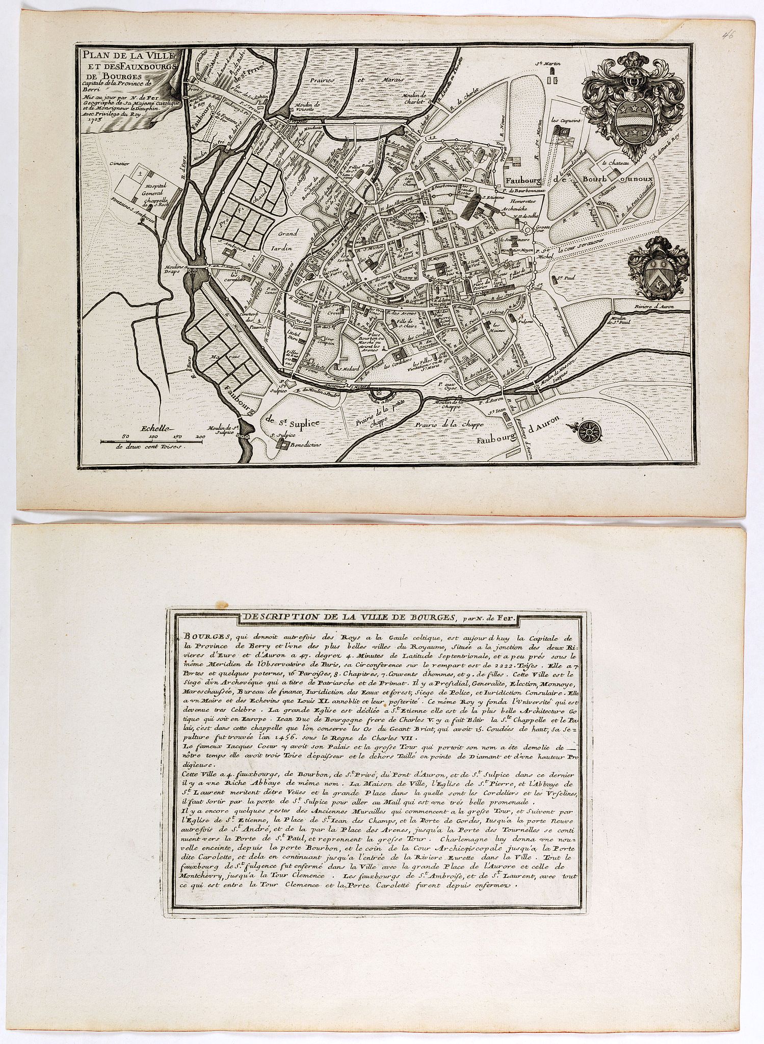 DE FER, N., Plan de ville et des Fauxbourgs de Bourges . . ., antique map, old maps