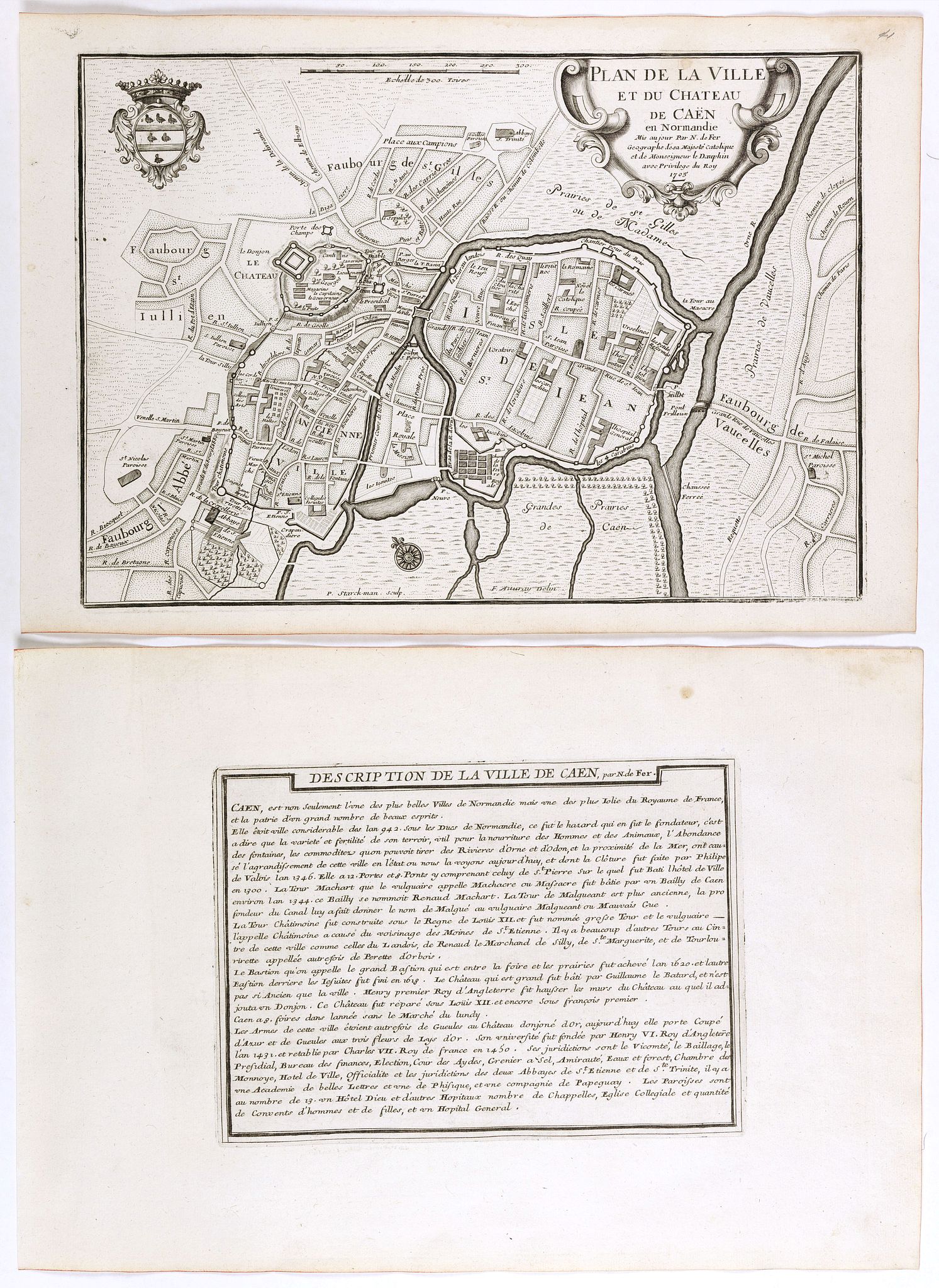 DE FER, N., Plan de la ville et du château de Caën en Normandie., antique map, old maps