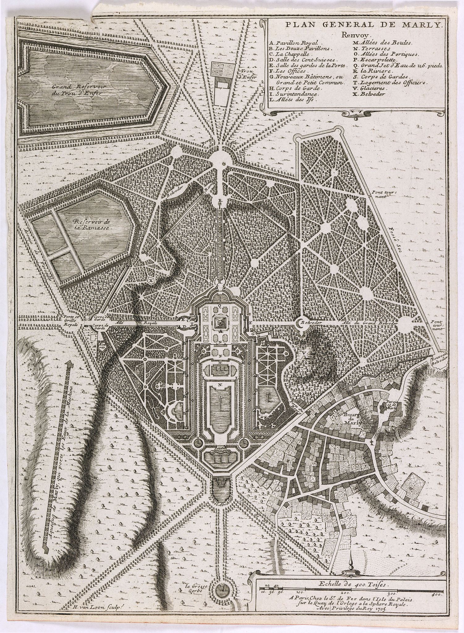 DE FER, N., Plan general de Marly., antique map, old maps