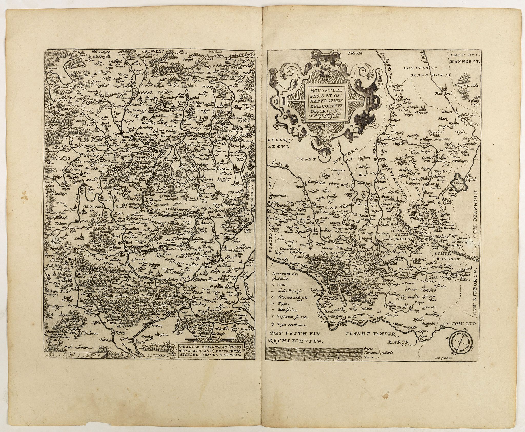 ORTELIUS, A., Franciae Orientalis (Vulgo Franckenlant) Descriptio, Avctore, Sebast.A. Rotenhan. (with) Monasteriensis Et Osnaburgensis Episcopatvs Descriptio Auctore Godefrido Mascop Embricense. Cum privilegio., antique map, old maps