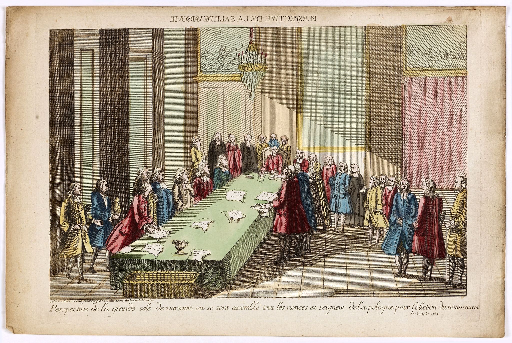 CARCANO., Perspective de la grande salle de varsovie ou se sont assemblé tout les nonces et seigneur de la pologne pour lélection du nouveau roi, le 6 Sept. 1764., antique map, old maps