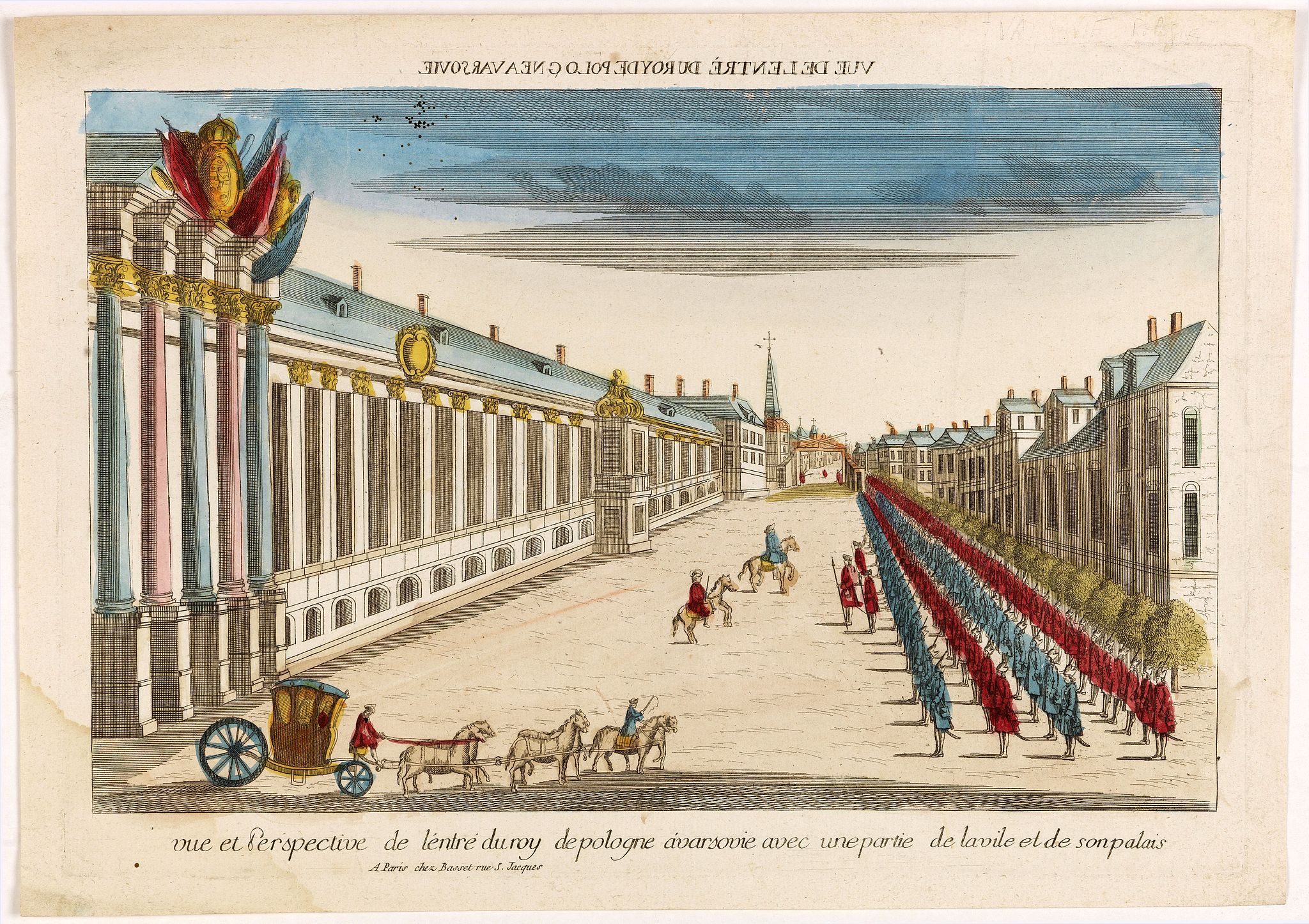 BASSET., Vue et perspective de l'entré du roy de pologne à varsovie avec une partie de la vile et de son palais., antique map, old maps