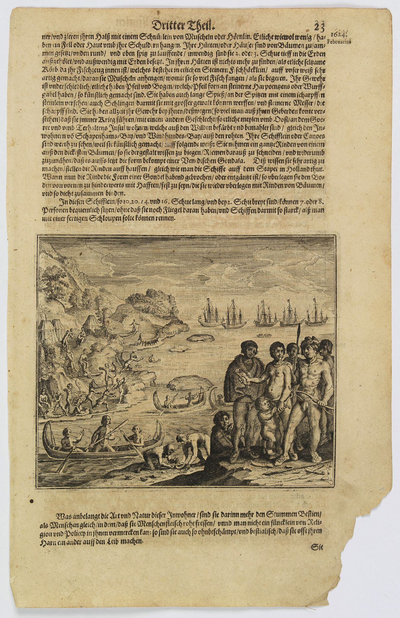 GOTTFRIED, J.L. / DE BRY., (Native population of Tierra del Fuego attacking some Dutchmen), antique map, old maps