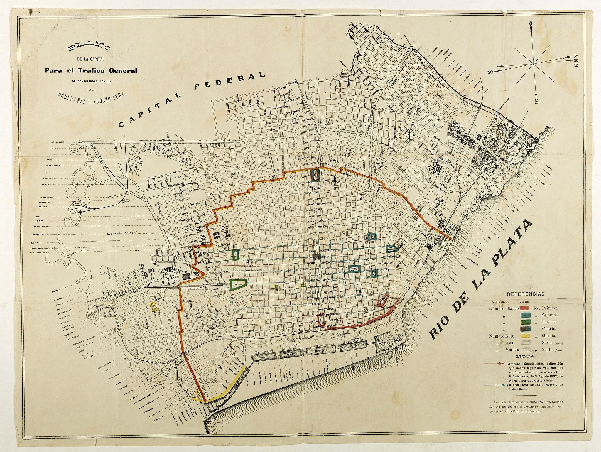 ANONYMOUS, Plano de la capital para el trafico general de conformidad con la ordenanza 3 Agosto 1897., antique map, old maps