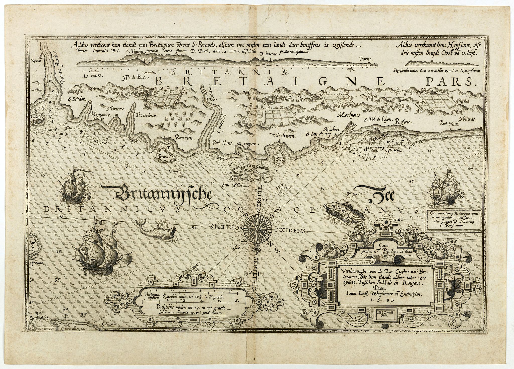 WAGHENAER. L.J., Verthoninghe van de Zee Custen van Bretaignen., antique map, old maps