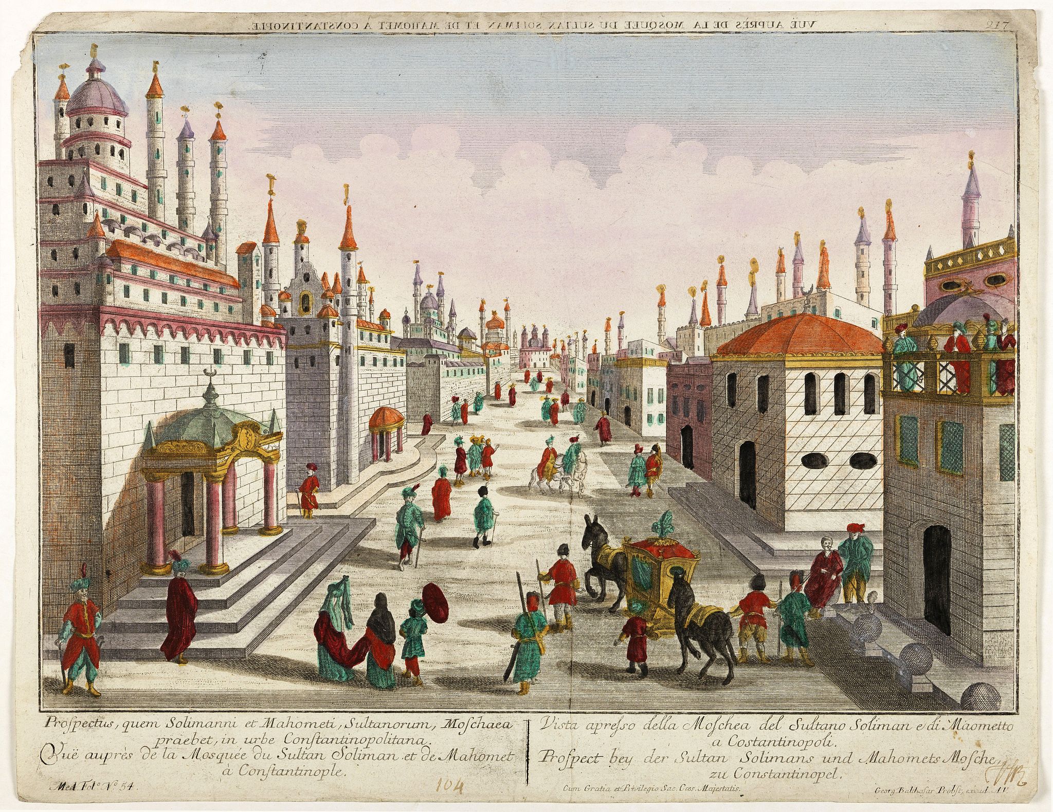 PROBST, G.B., Prospectus, quem Solimanni et Mohameti. . . - Vue aupres de la Mosquee du Sultan Soliman, et de Mohamet . . ., antique map, old maps