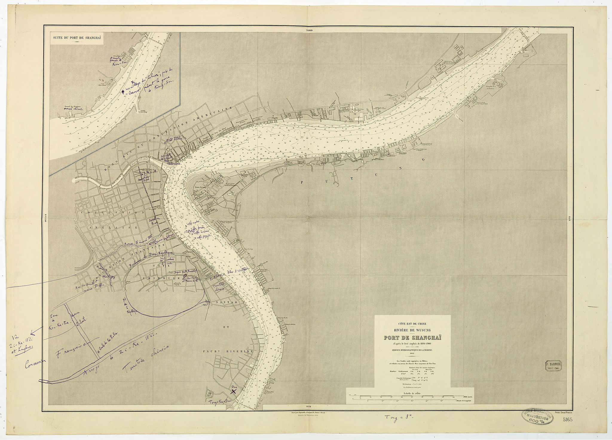SERVICE HYDROGRAPHIQUE DE LA MARINE., Côte Est de Chine. Rivière de Wusung. Port de Shangaï., antique map, old maps