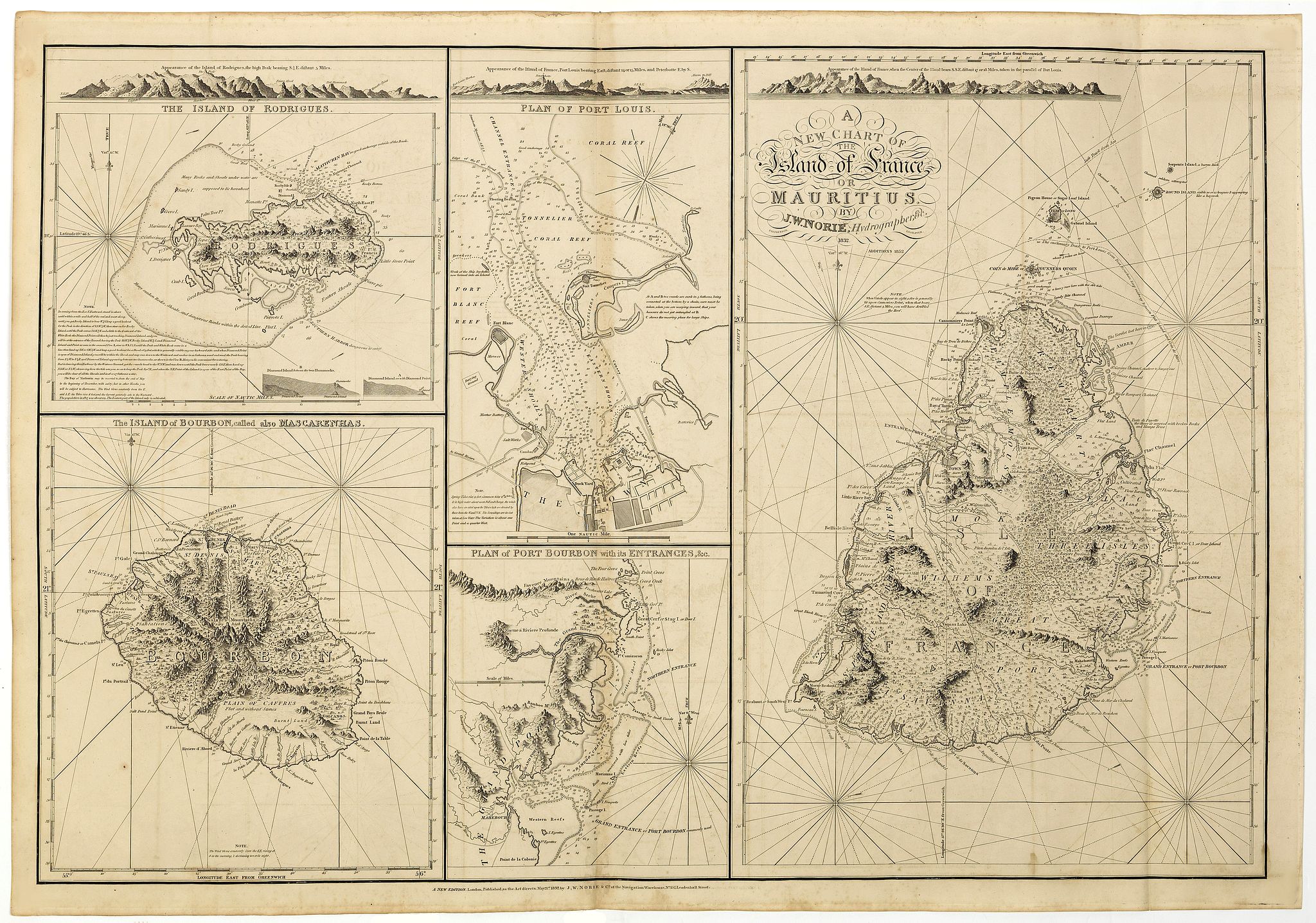 NORIE, J.W., A New chart of Island of France or MAURITIUS by J.N. Norie, 1832. The island of Bourbon, called also Mascarenthas., antique map, old maps
