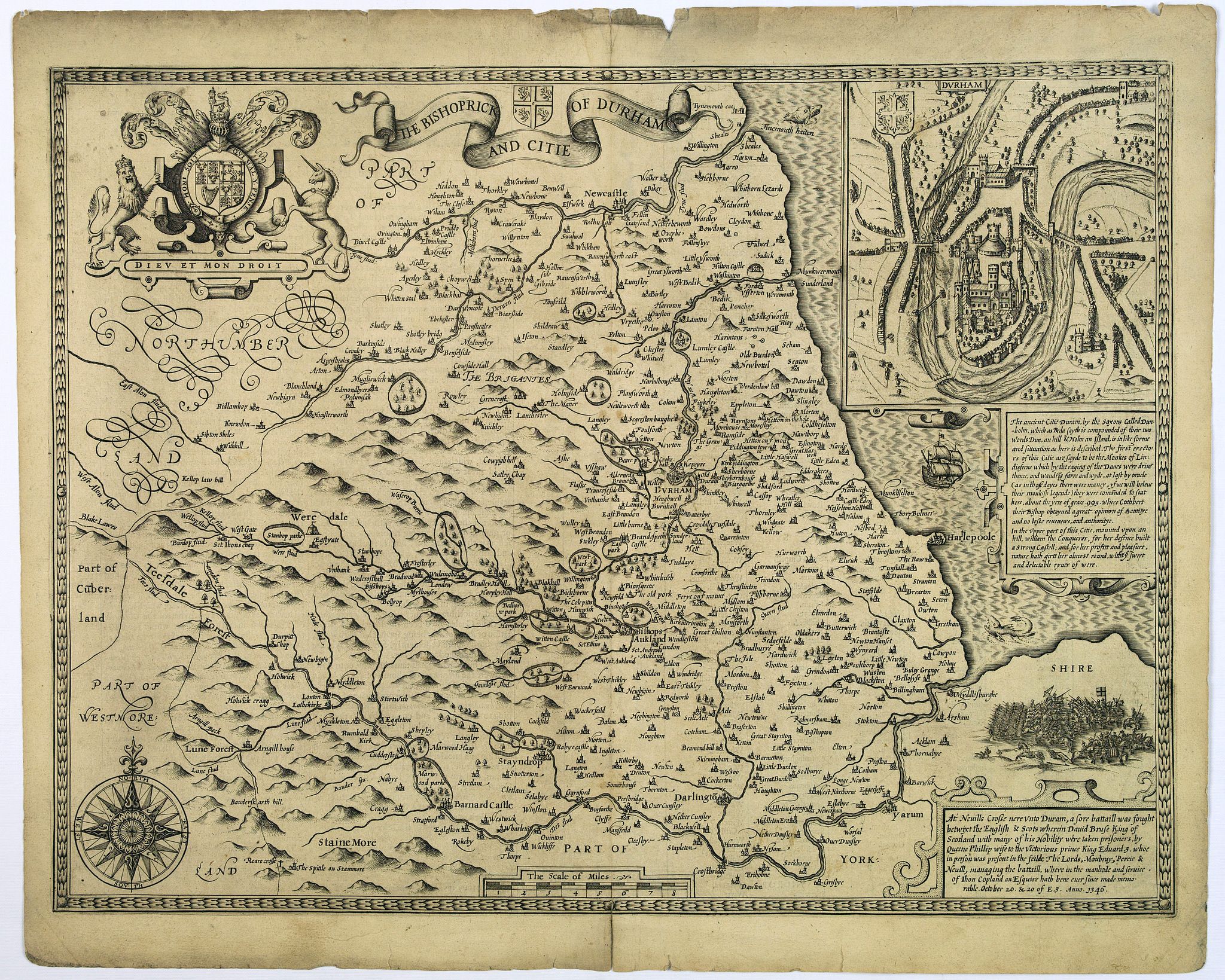 SPEED, John., The Bishoprick and Citie of Durham., antique map, old maps