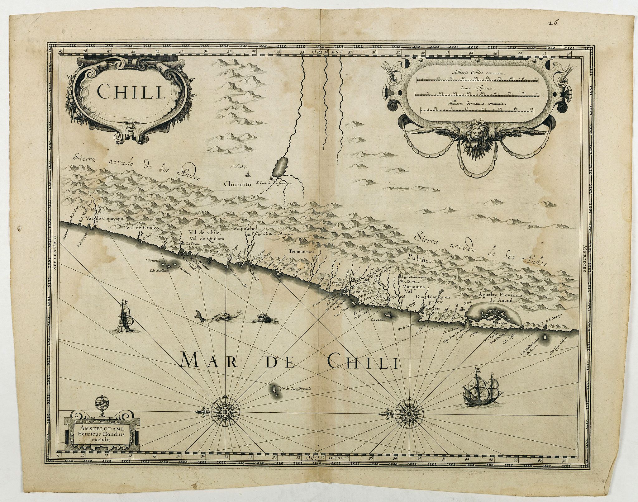 HONDIUS, H., Chili., antique map, old maps