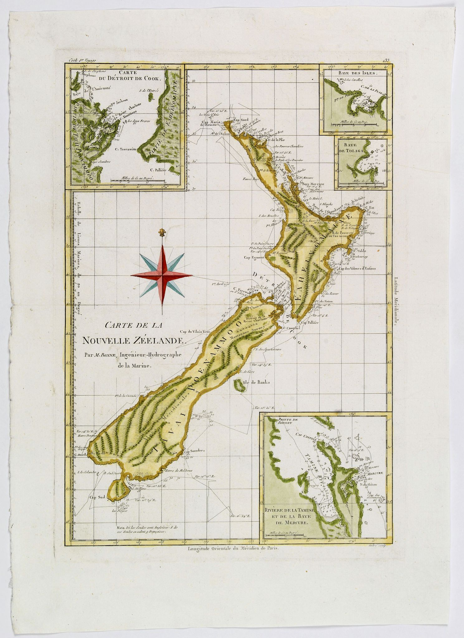 BONNE, R., Carte de la Nouvelle Zéelande., antique map, old maps