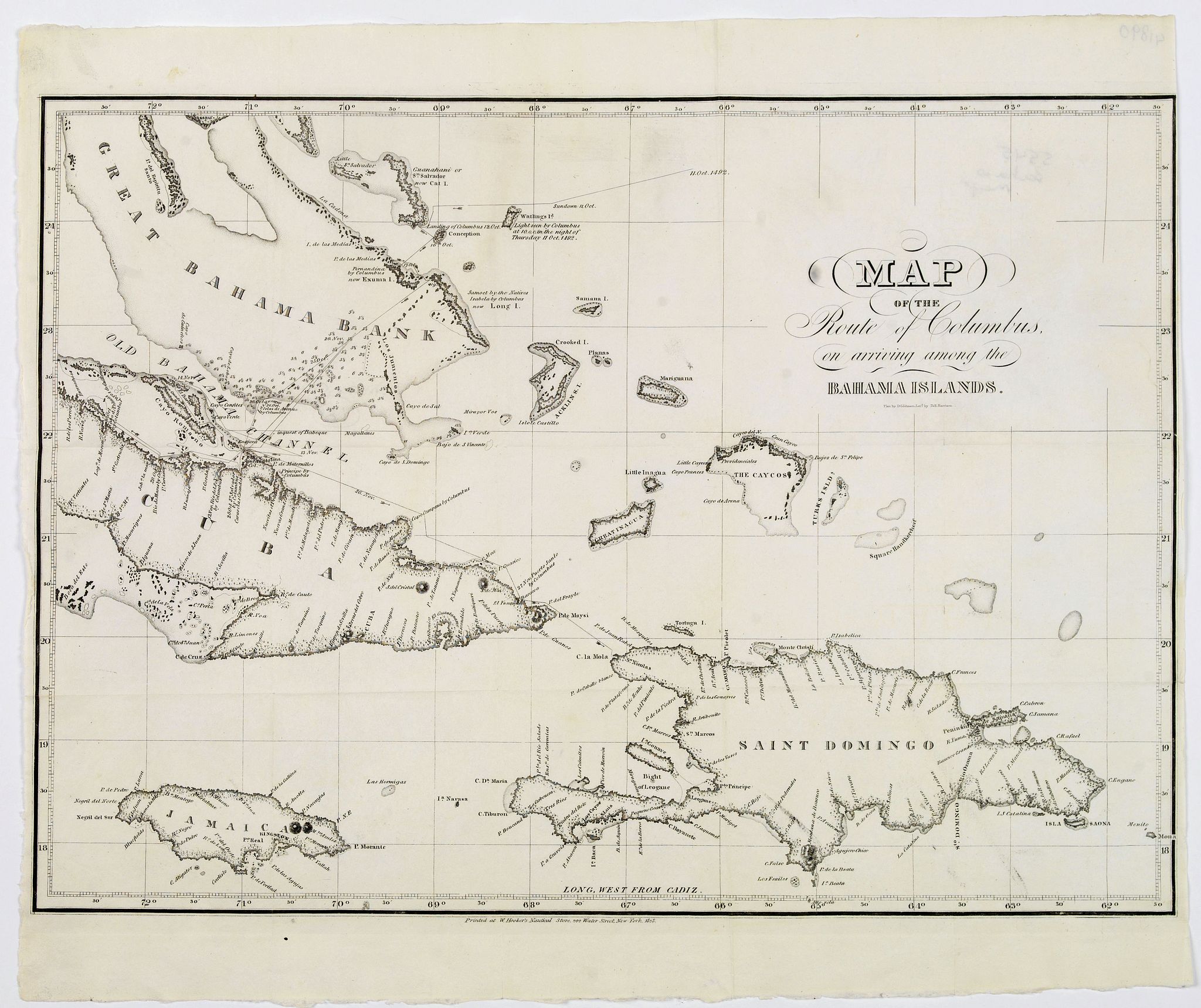 JOHNSTON, D.G., Map of the Route of Columbus, on arriving among the Bahama Islands., antique map, old maps