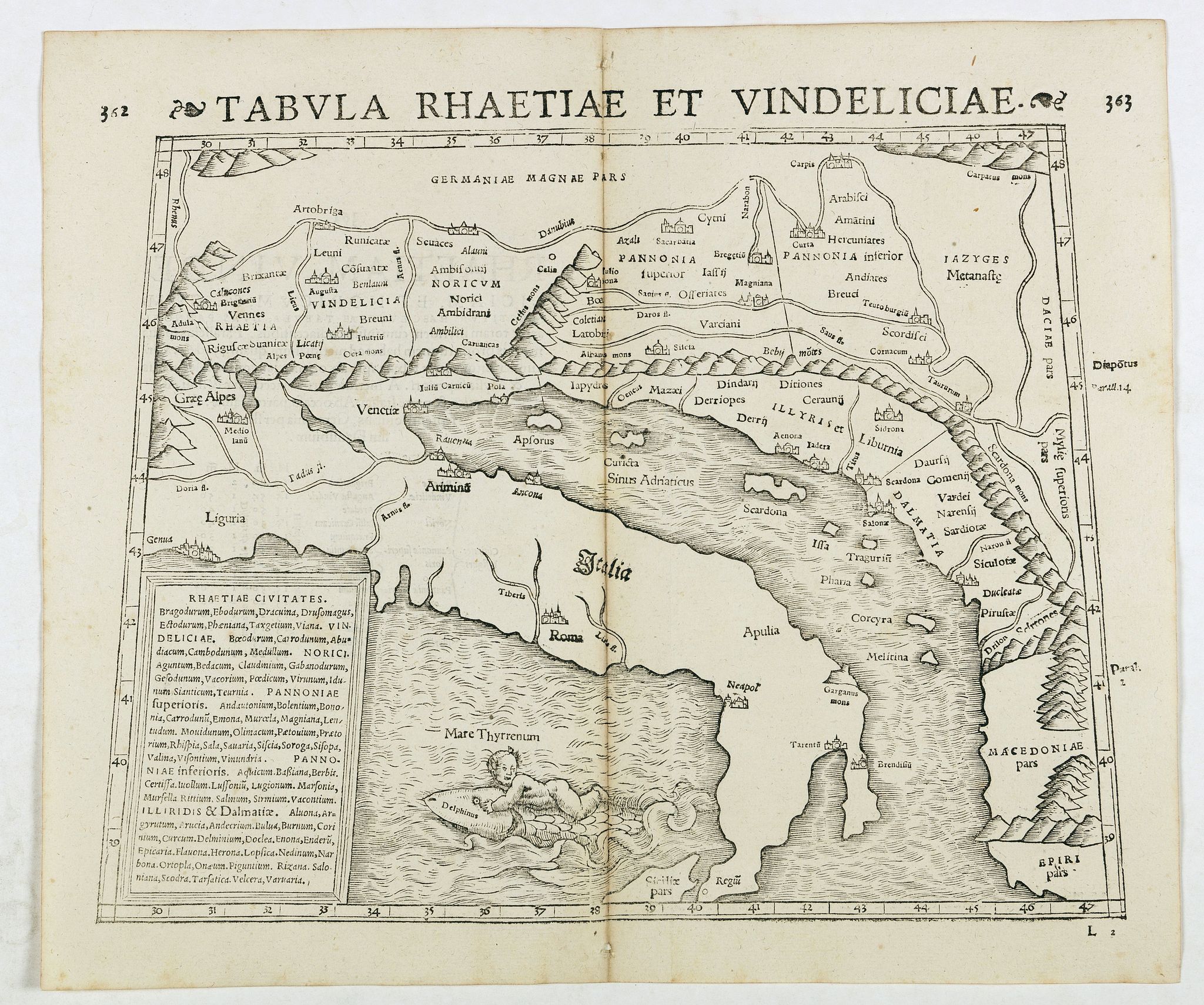 STRABO / MUNSTER, S., Tabula Rhaetiae et Vindeliciae. (Adriatic coast and Balkan States, Dalmatia, etc.), antique map, old maps