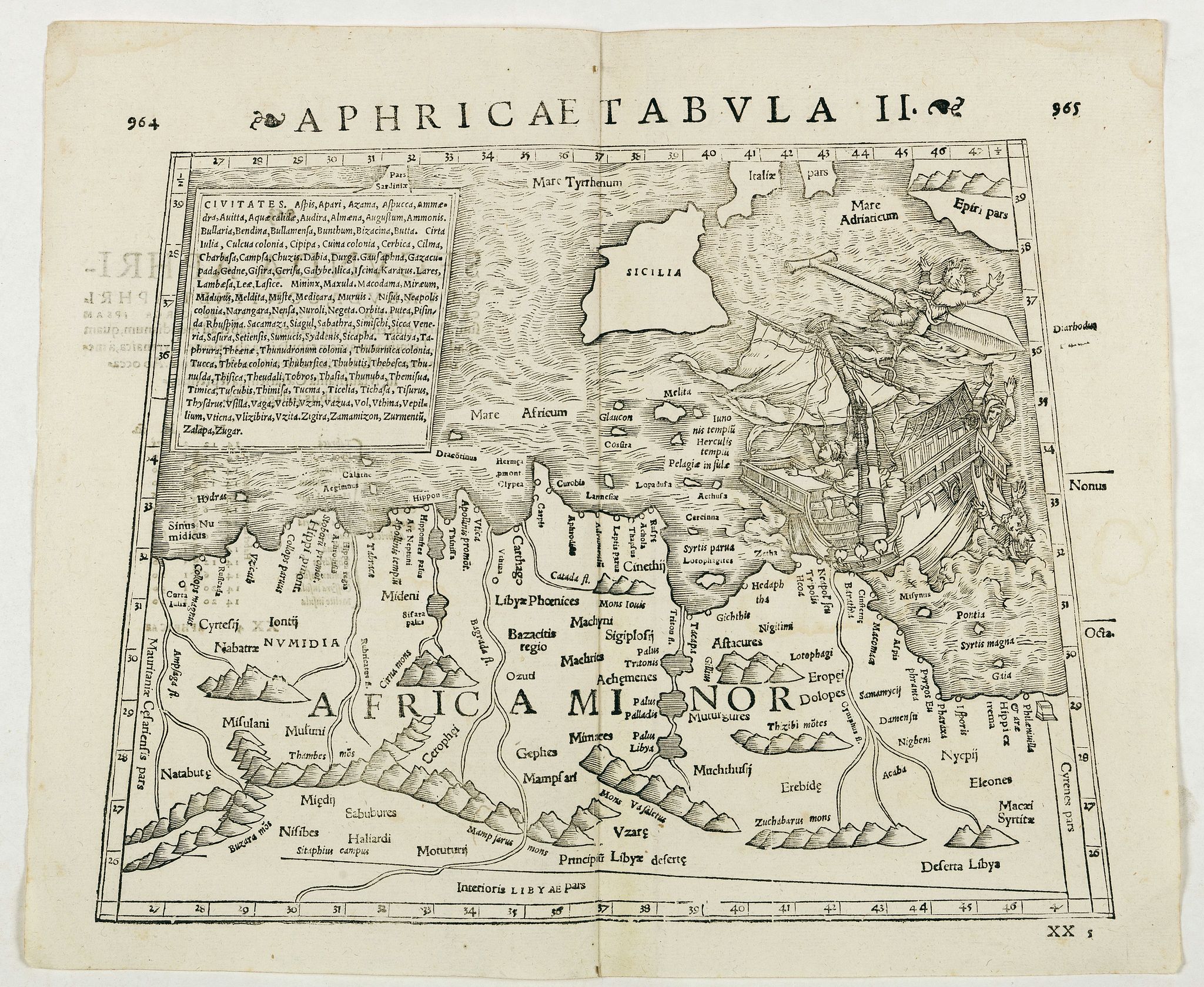 STRABO / MUNSTER, S., Aphricae Tabula II. (Northern Africa and the Mediterranean showing parts of Sicily, Tunisia and Libya), antique map, old maps