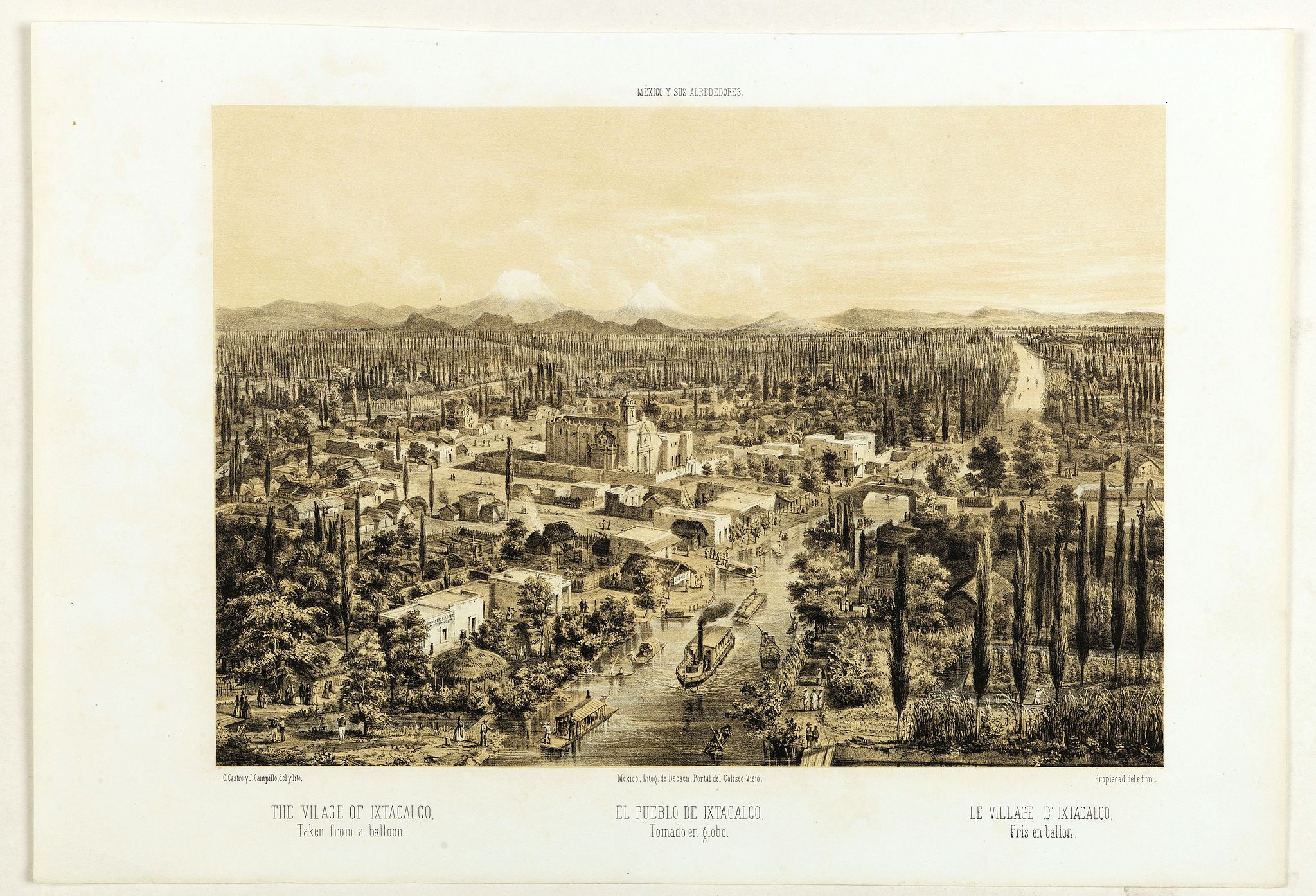 DECAEN, J. A. / CASTRO, C., The vilage of Ixtacalco. Taken from a balloon. El pueblo de Ixtacalco Tomado en globo. Le village d'Ixtacalco Pris en ballon., antique map, old maps