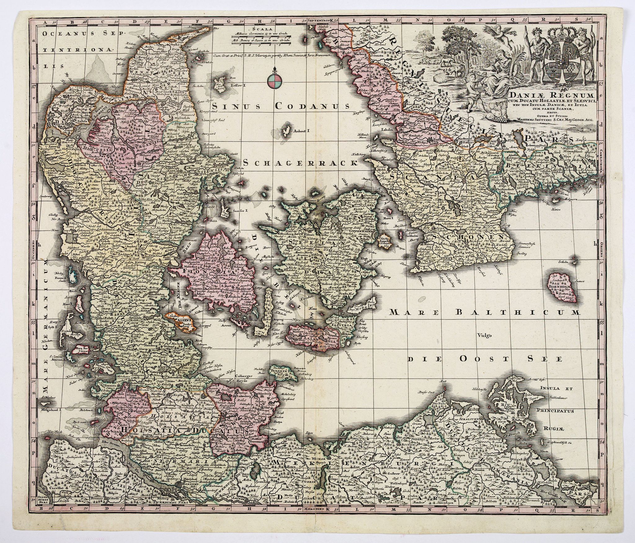 SEUTTER, M., Daniae Regnum cum Ducatu Holsatiae et Slevici. . ., antique map, old maps