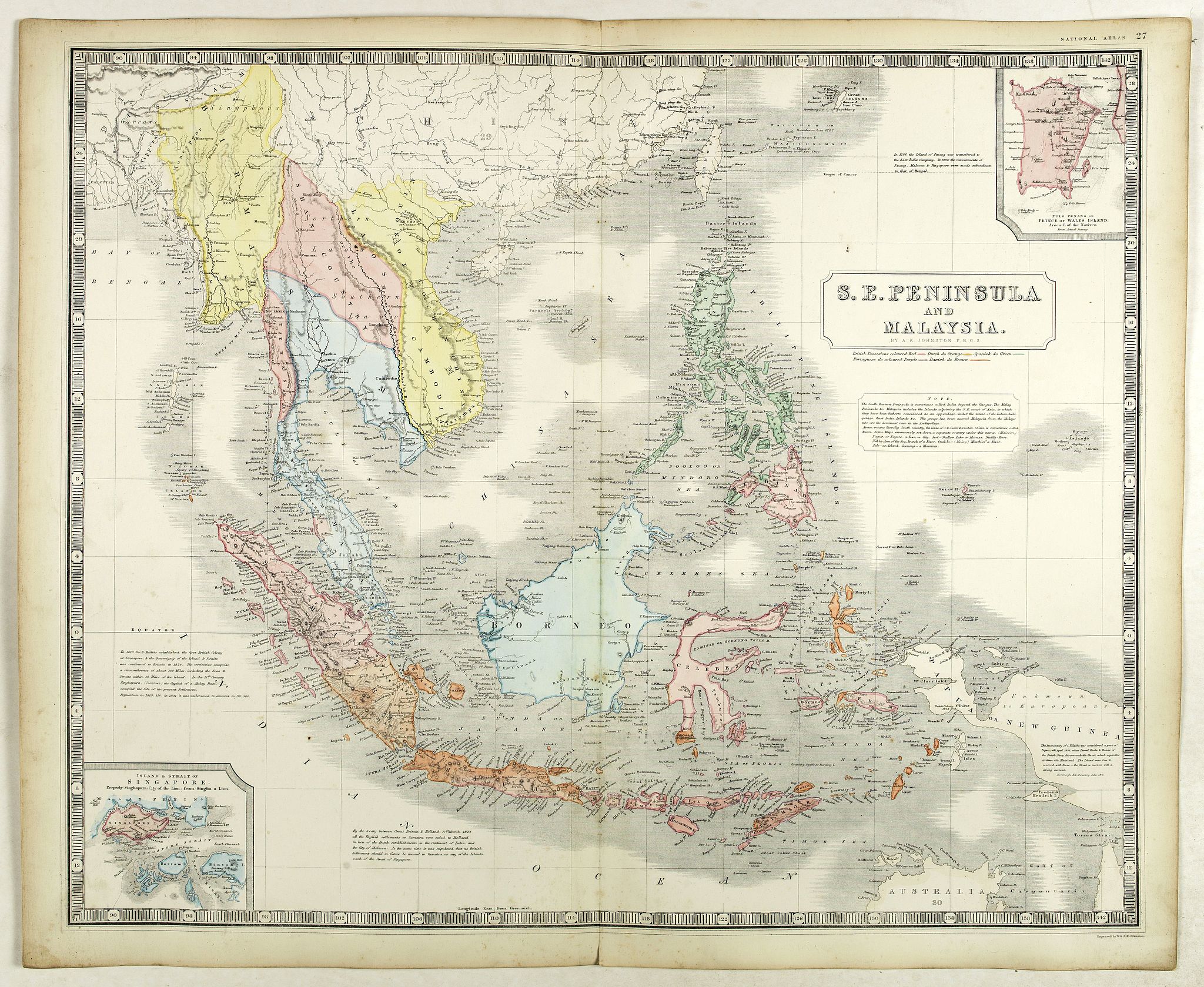 JOHNSTON, A.K., S.E. Peninsula and Malaysia., antique map, old maps