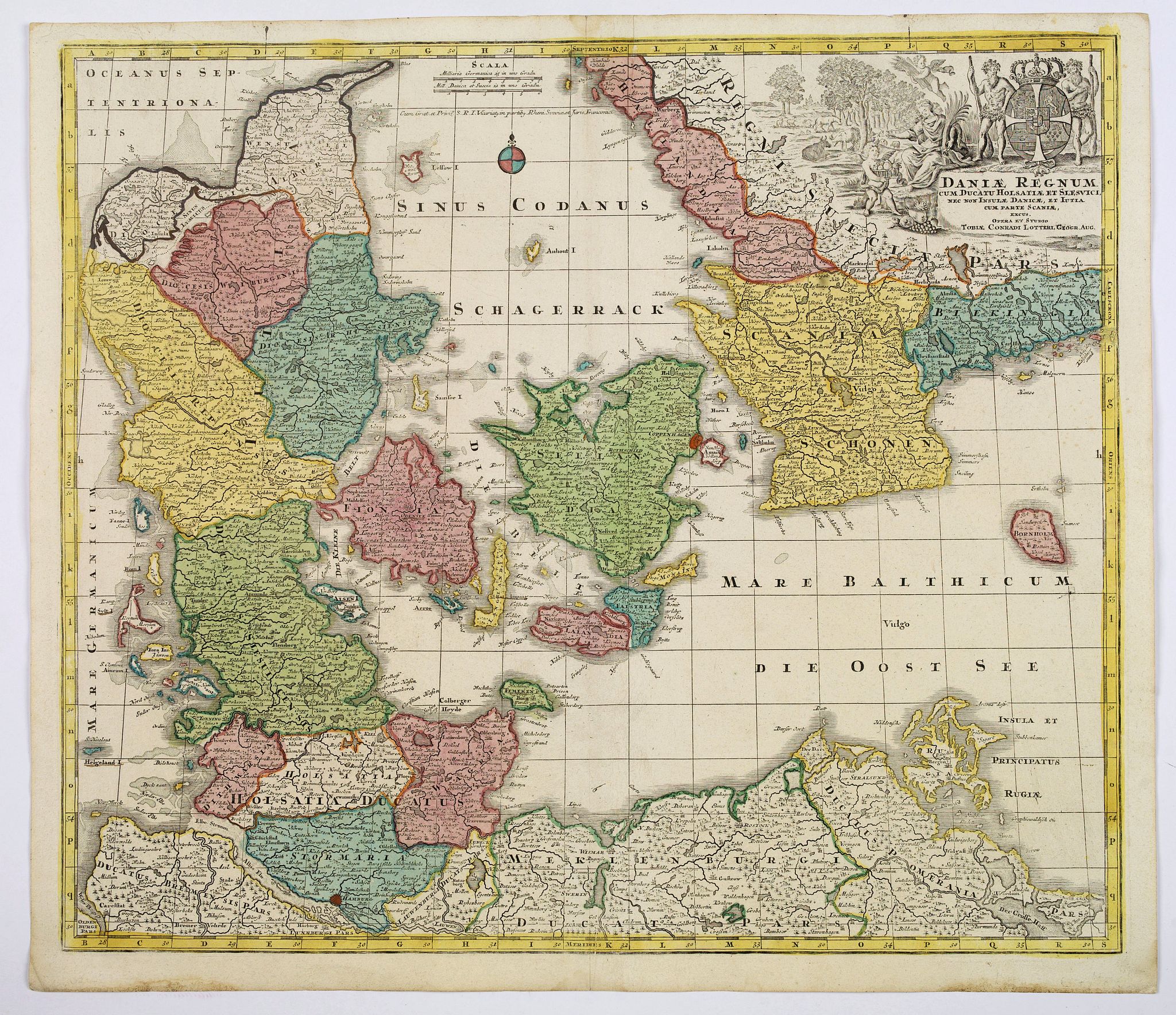 LOTTER, T.C., Daniae Regnum cum Ducatu Holsatiae et Slesvici. . ., antique map, old maps