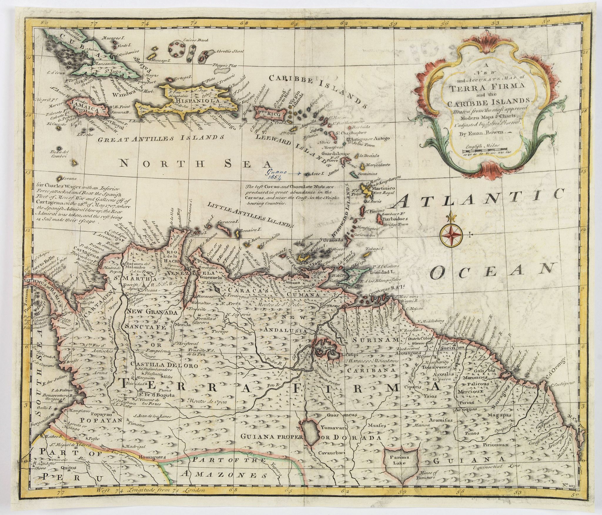 BOWEN, Emmanuel., A New and Accurate Map of Terra Firma and the Caribbe Islands., antique map, old maps