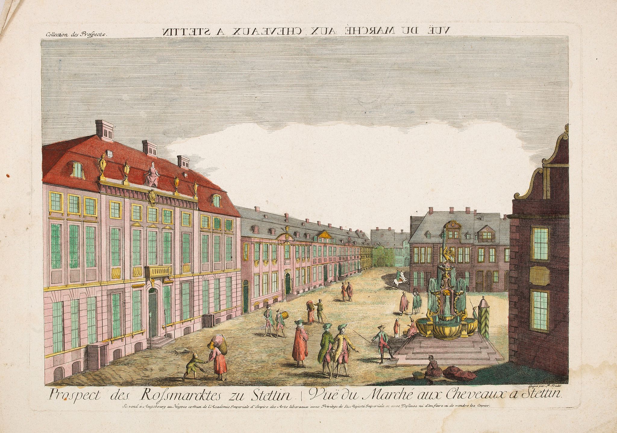 ACADEMIE IMPERIALE, Prospect des Rossmarcktes zu Statin - Vue du Marché aux Cheveaux a Stettin., antique map, old maps