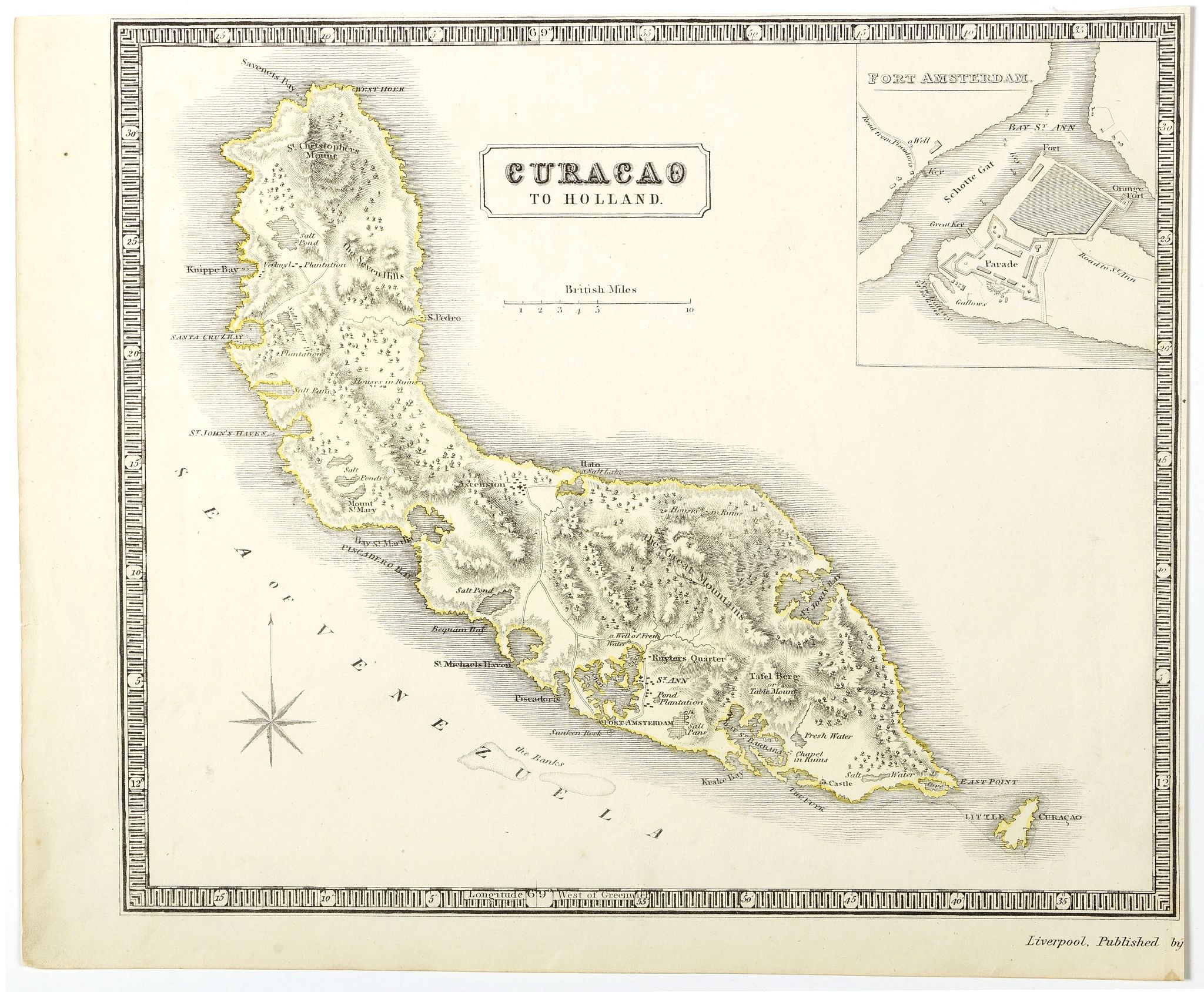 PHILIP, George., A detailed map of the island of Curaçao., antique map, old maps