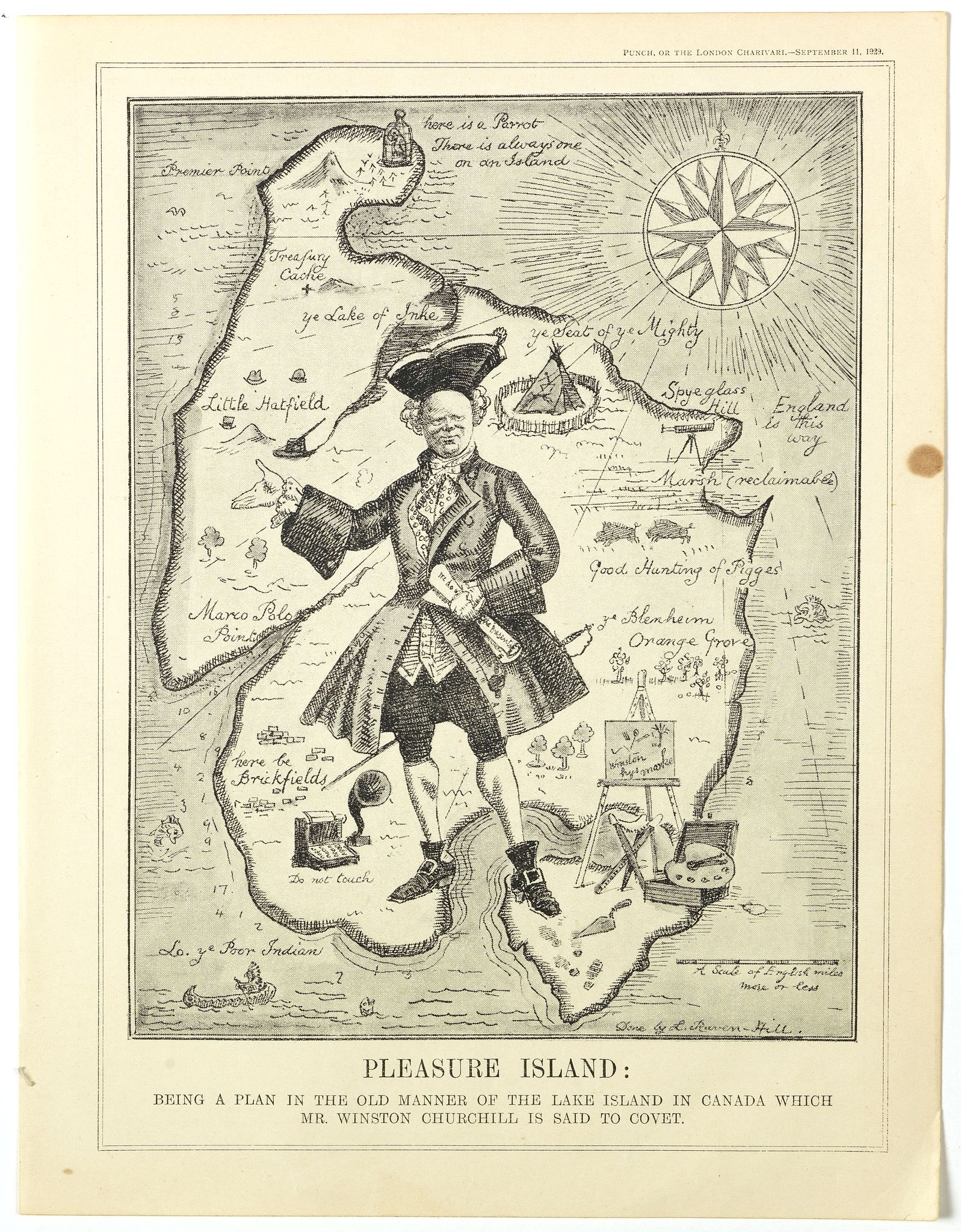 RAVEN-HILL, Leonard, Pleasure Island : Being A Plan in the Old Manner of the Lake Island in Canada which Mr Winston Churchill is said to covert., antique map, old maps