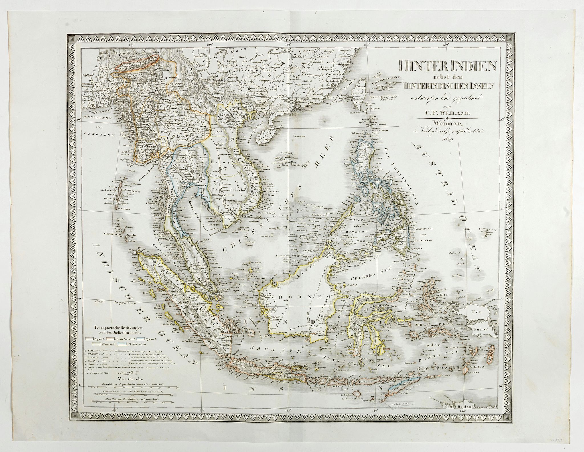 WEILAND, C.F., Hinter Indien nebst den Hinterindischen Inseln entwrfen und Gezeichnet von C.F. Weiland . . . 1828, antique map, old maps