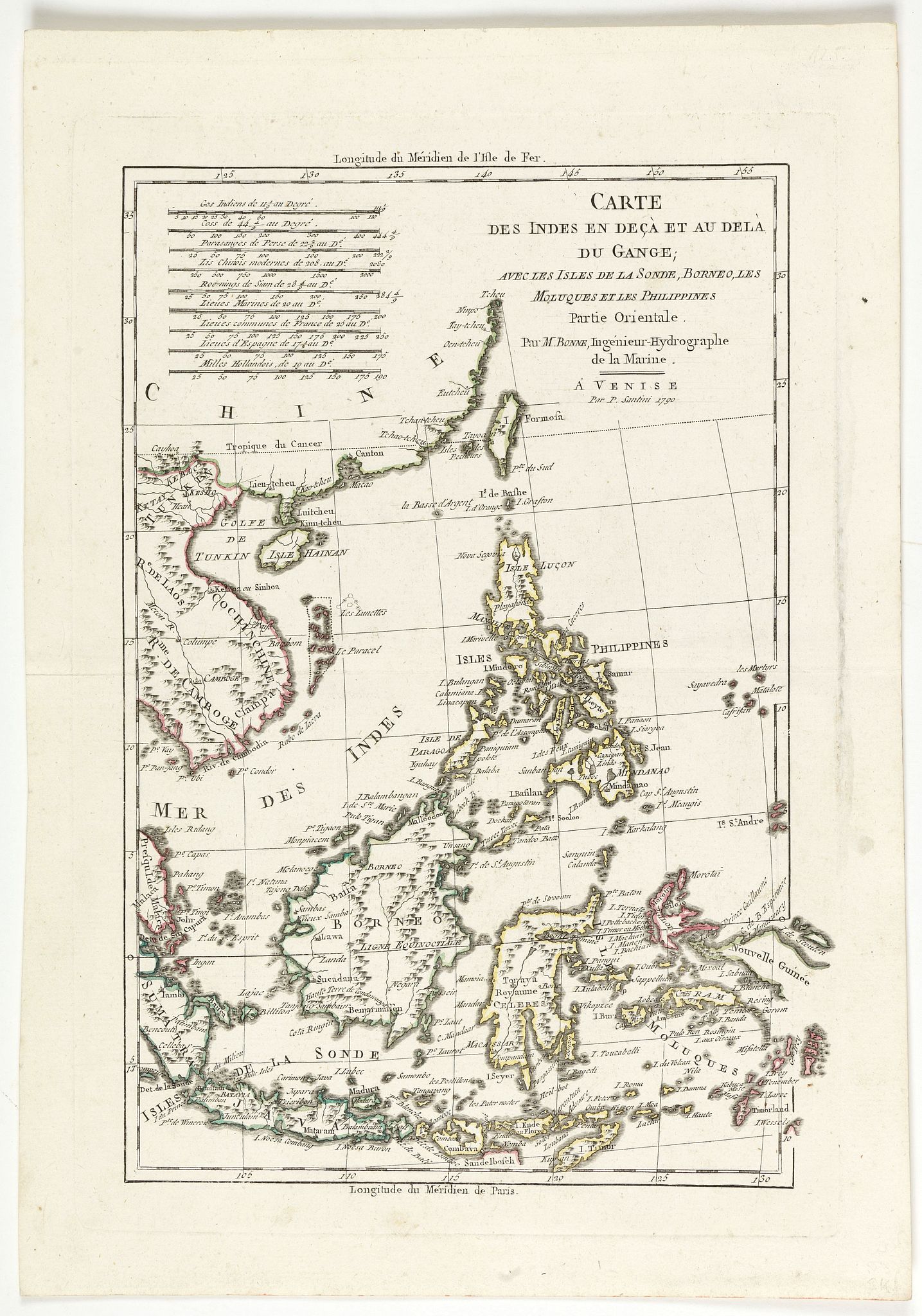 SANTINI, P. / BONNE, R., Carte des Indes en Deca et au Dela du Gange, avec les Isles de la Sonde, Borneo, les Moluqes et les Philippines partie Orientale. Par M. Bonne, ingenieur Hydrographe de la Marine. A' Venise, Par P. Santini 1790., antique map, old maps