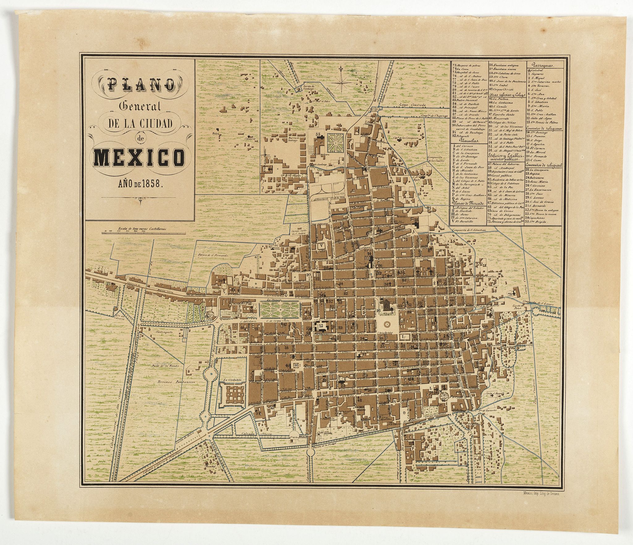 DECAEN, J. A. / CASTRO, C., Plano General de la Ciudad de México, año de 1858., antique map, old maps