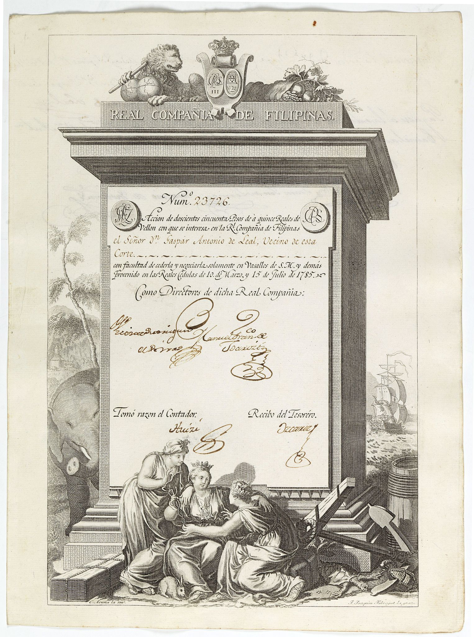 REAL COMPANIA DE FILIPINAS, A scarce Real Compañia de Filipinas 250 Pesos deed issued in 1785, antique map, old maps