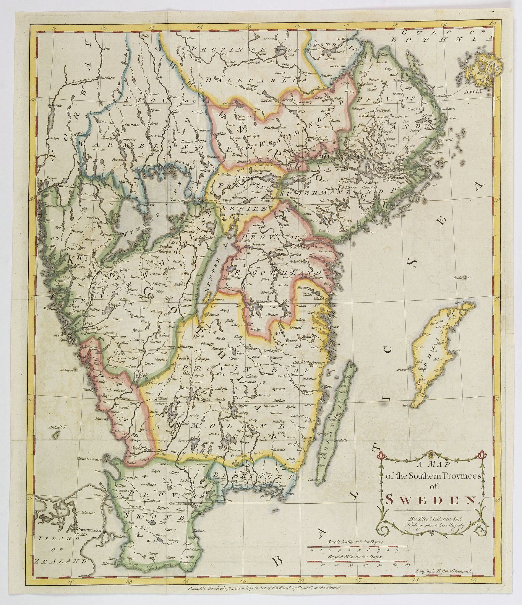 KITCHIN, Thomas., A Map of the Southern Provinces of Sweden., antique map, old maps