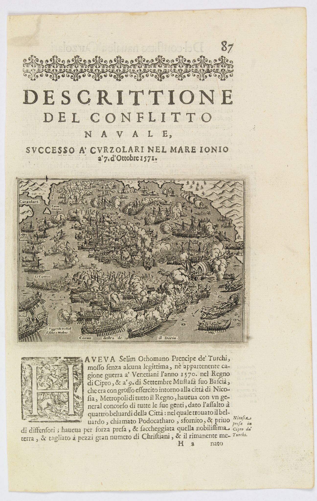 PORCACCHI, T., Descrittione del Conflitto Navale, successoa' Curzolari nel Mare Ionio. . ., antique map, old maps