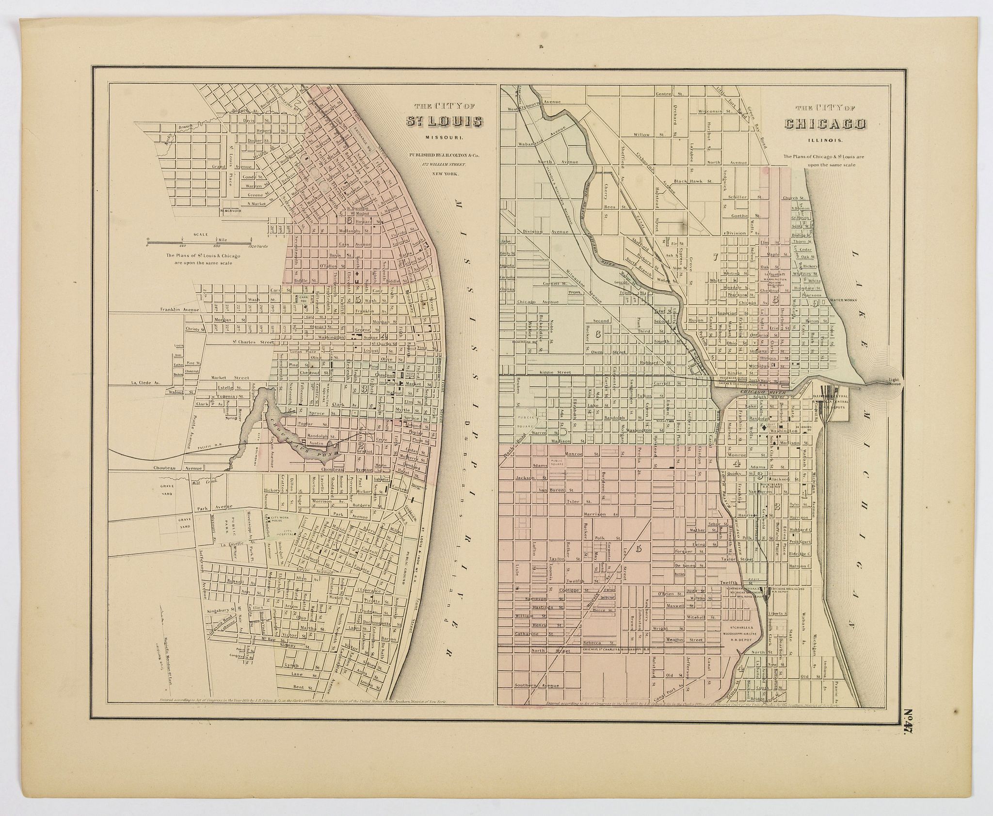 Colton, J.H. & Co., The City of St. Louis, Missouri / The City of Chicago, Illinois., antique map, old maps