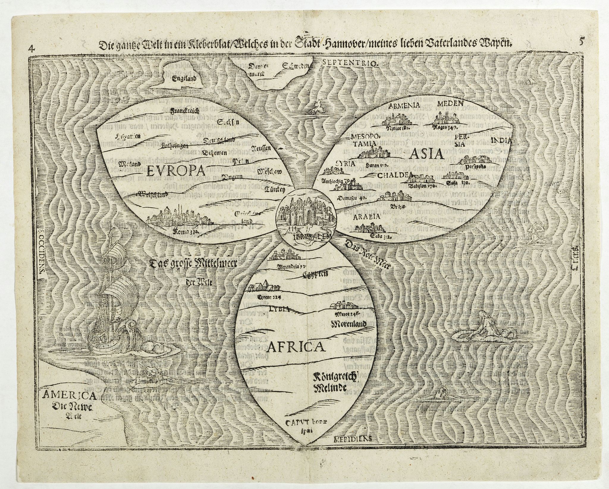 BÜNTING, H., Die gantze Welt in ein Kleberblatt. . ., antique map, old maps