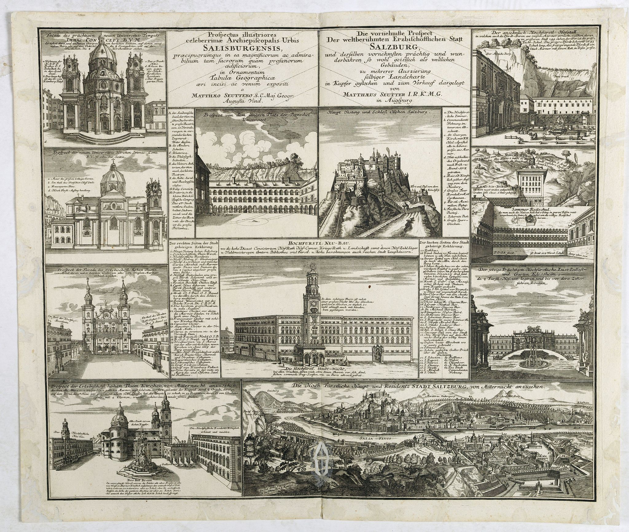 SEUTTER, M., Prospectus illustriores celeberrimae Archiepiscopalis Urbis Salisburgensis praecipuorumque in ea magnificorum ac admirabilium. . ., antique map, old maps